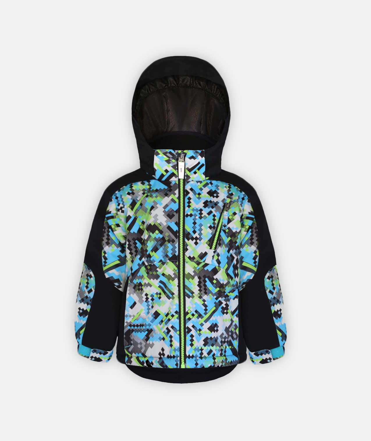 A kid's print jacket featuring a digital camouflage pattern in blue and green with black detailing, with a hood on a white background