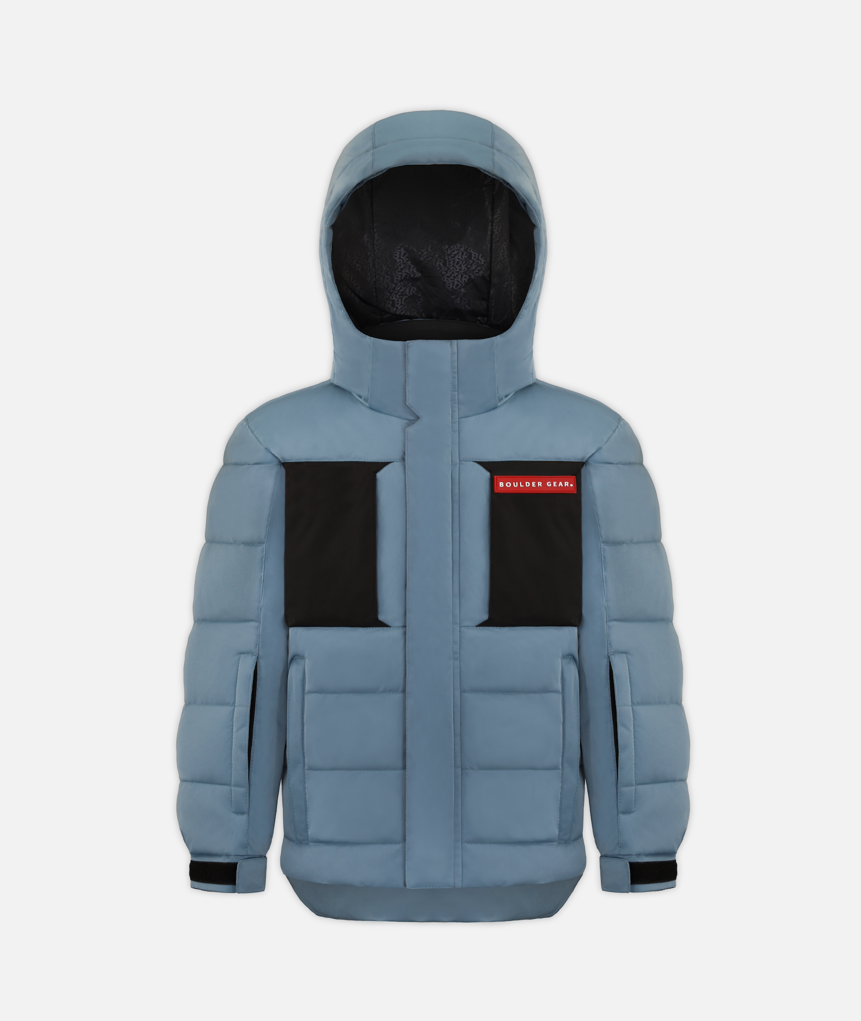 A dusty blue kids' winter jacket with a hood and black accents on a white background