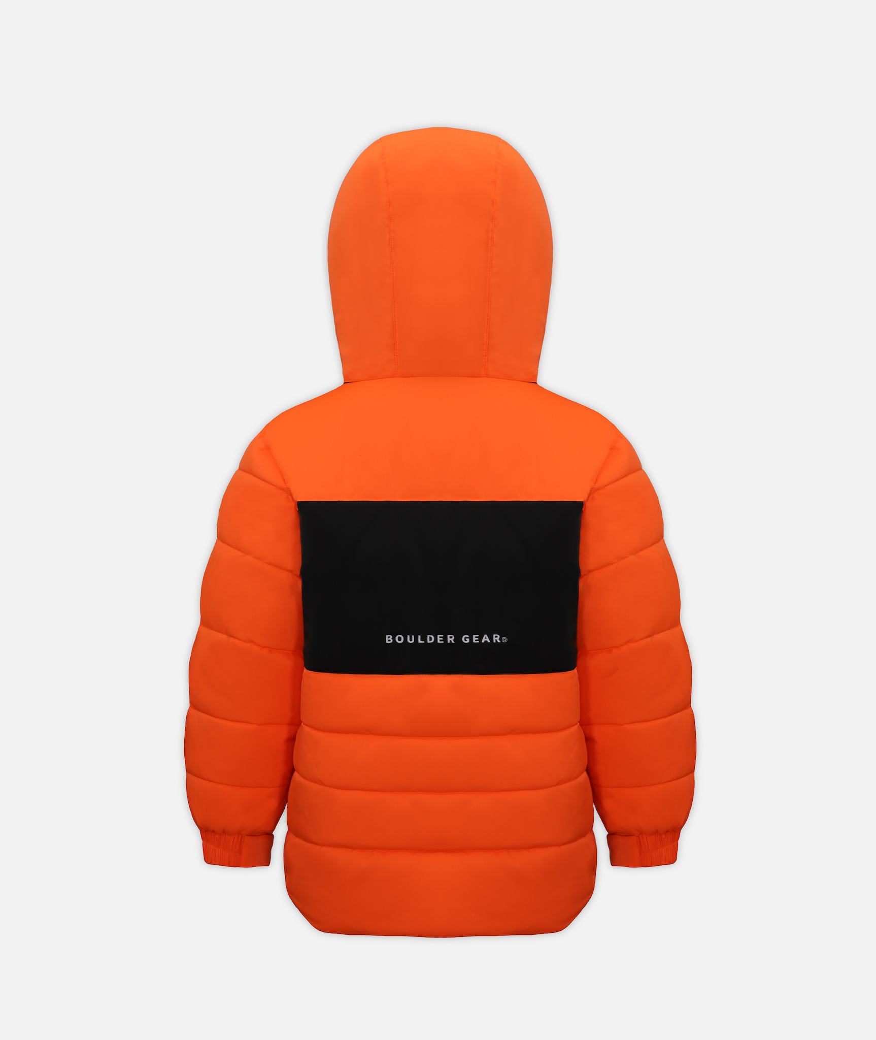back of A bright orange kids' winter jacket with a hood and black accents on a white background
