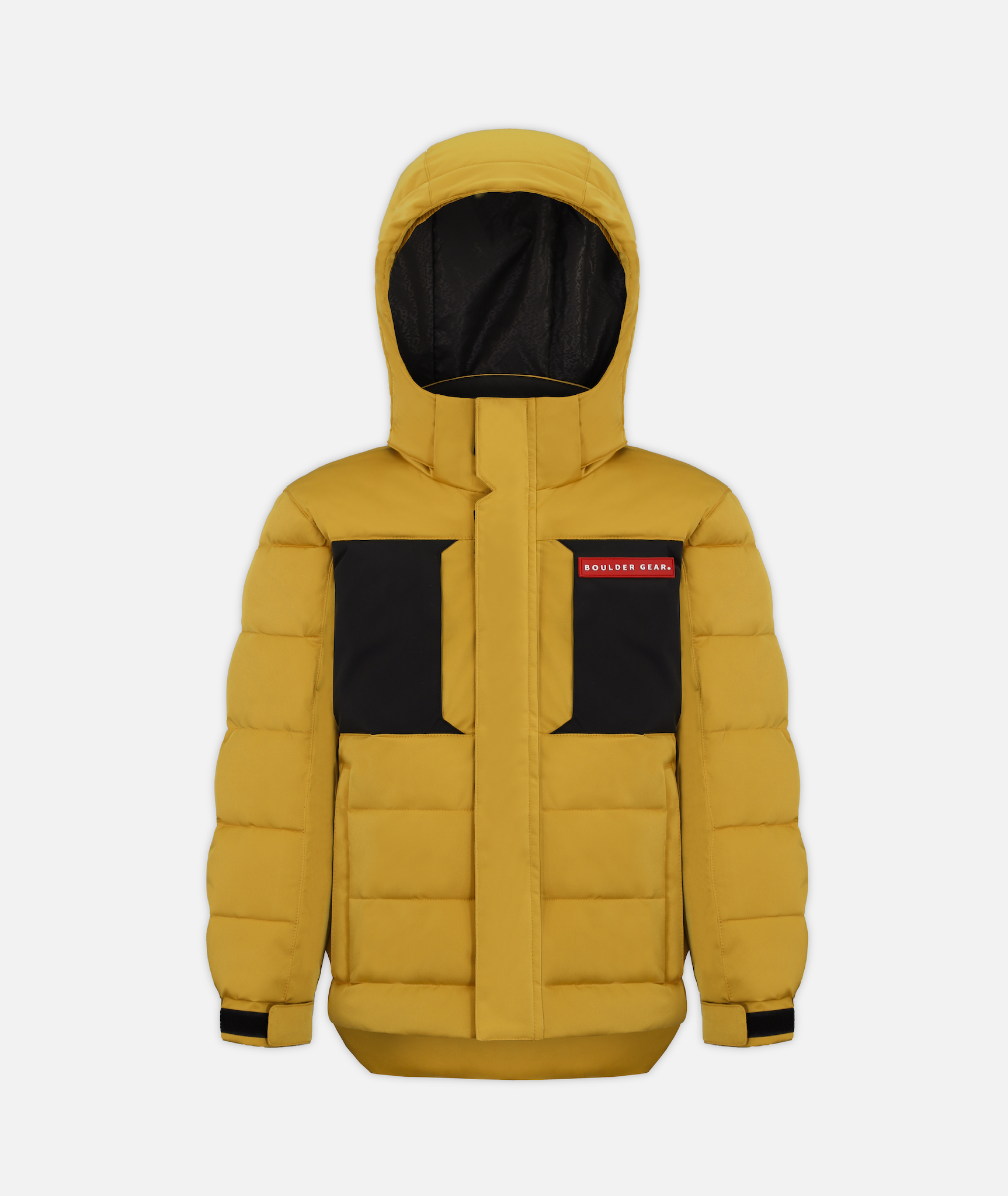 A gold colored kids' winter jacket with a hood and black accents on a white background
