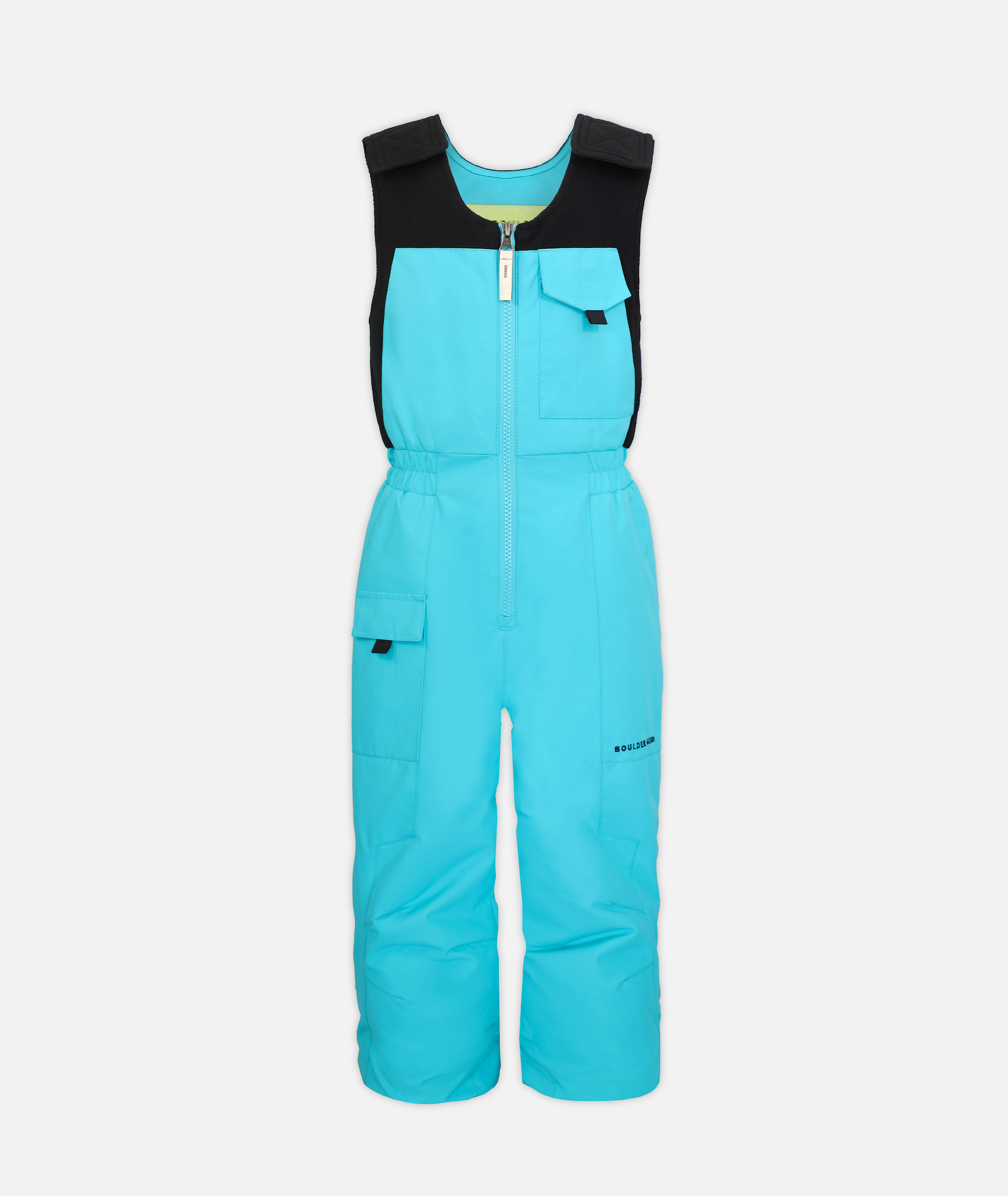 a pair of kids sized blue snow bibs on a white background