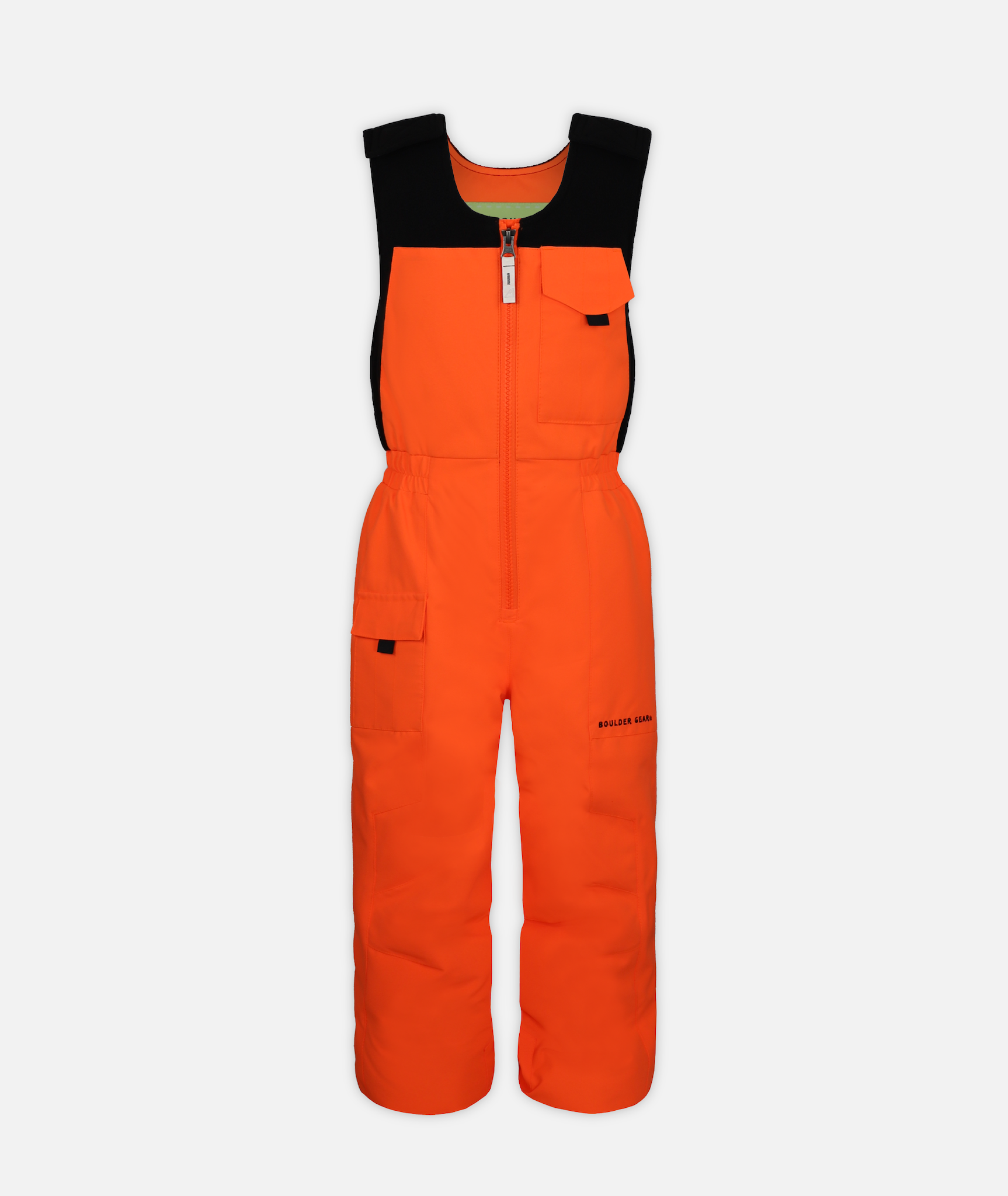 a pair of kids sized orange snow bibs on a white background