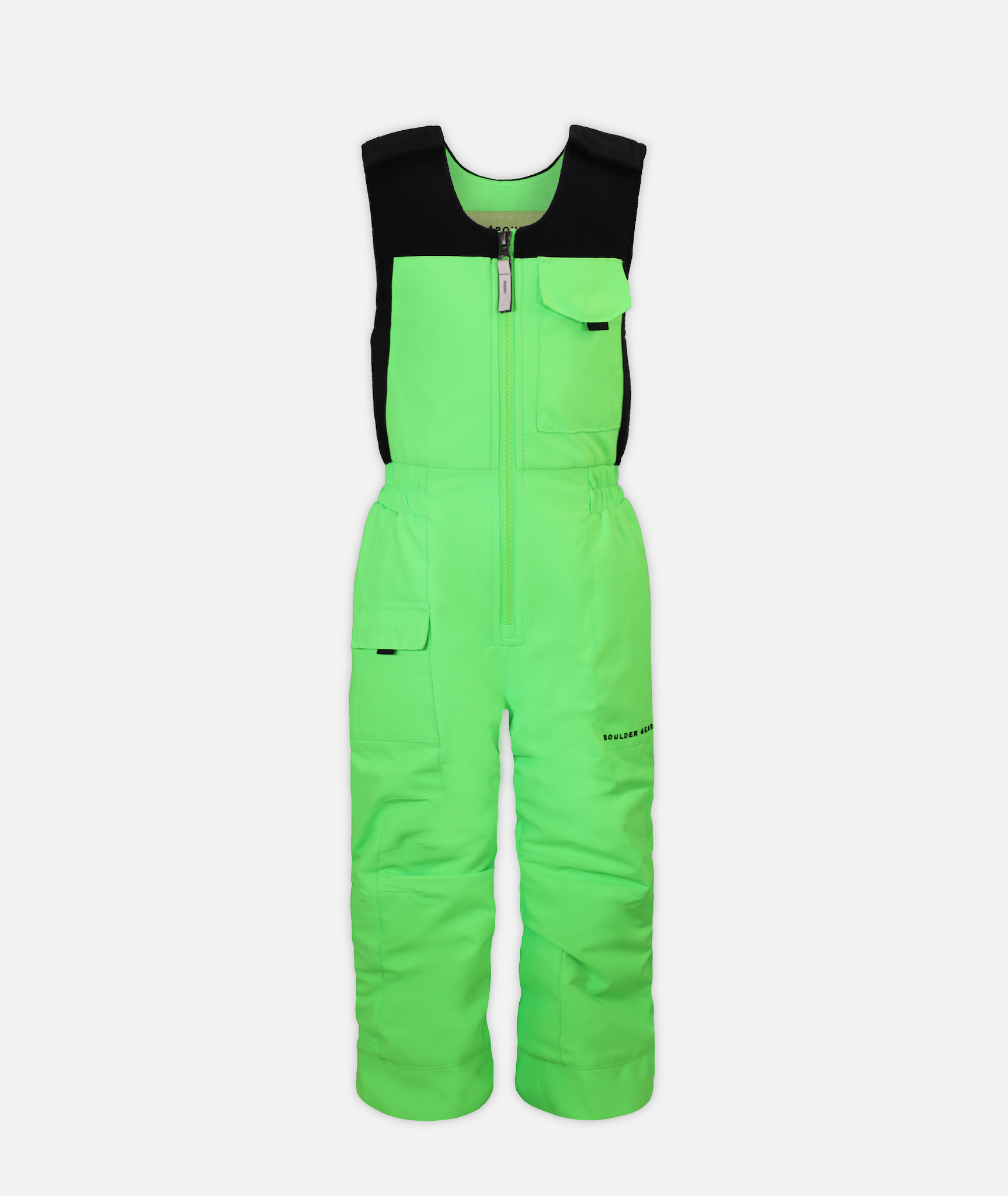 a pair of kids sized green snow bibs on a white background