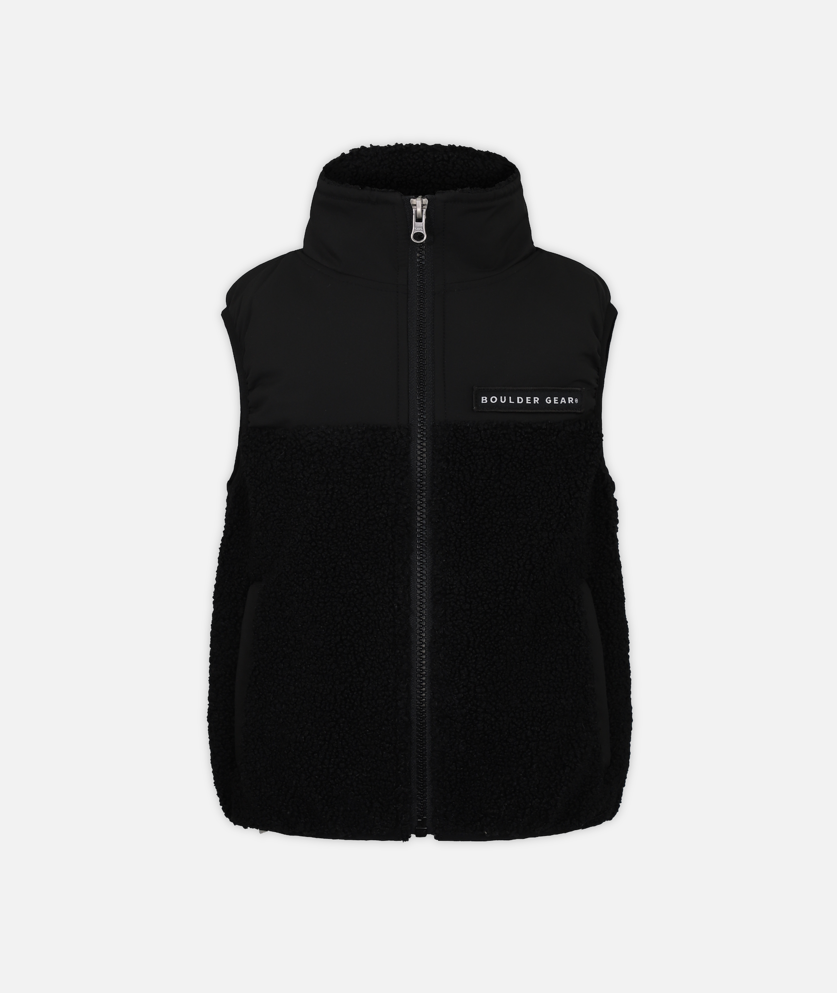 Kids' fleece vest with black and black colors, logo on chest on a white background
