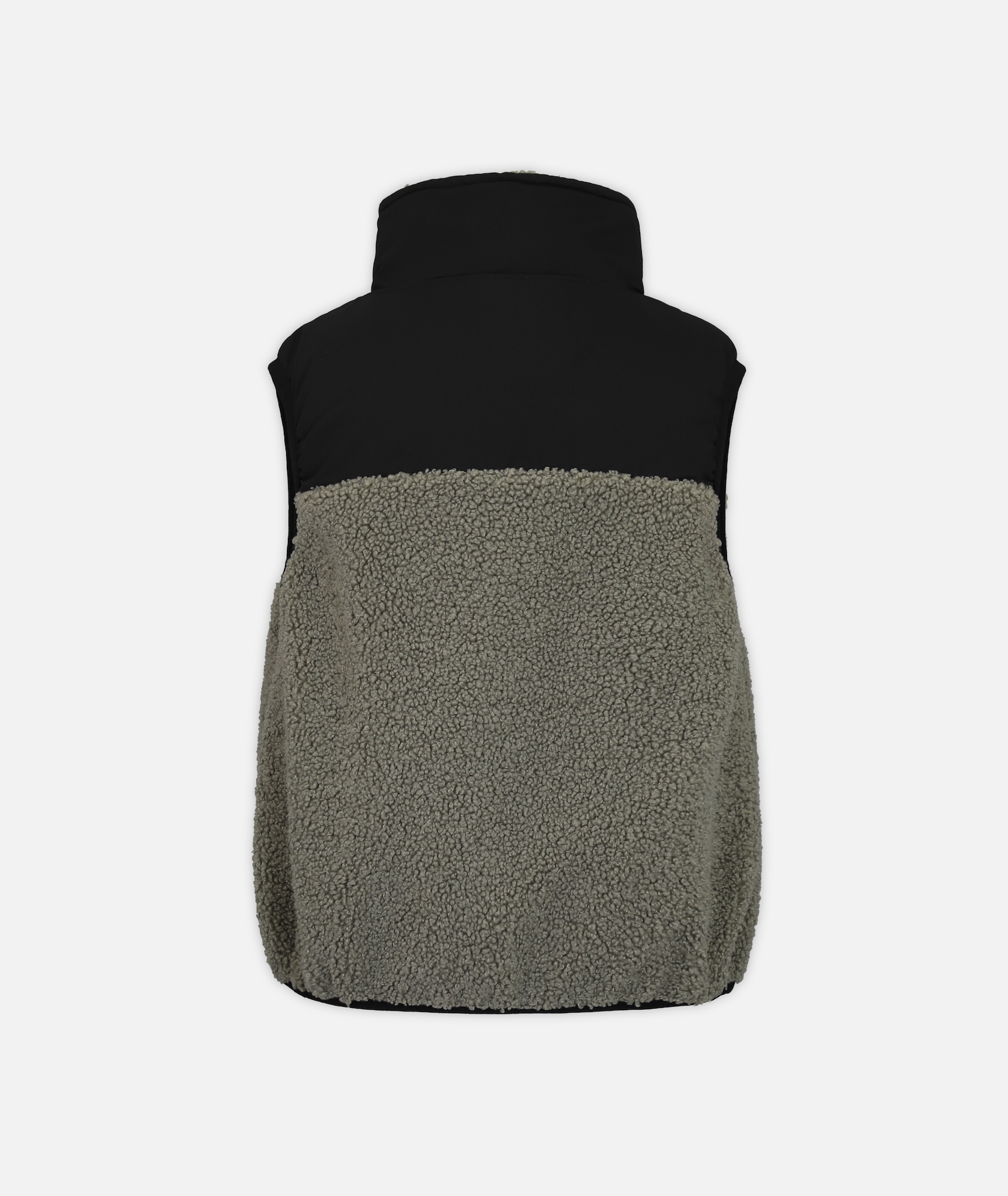 back of Kids' fleece vest with beige and black colors on a white background