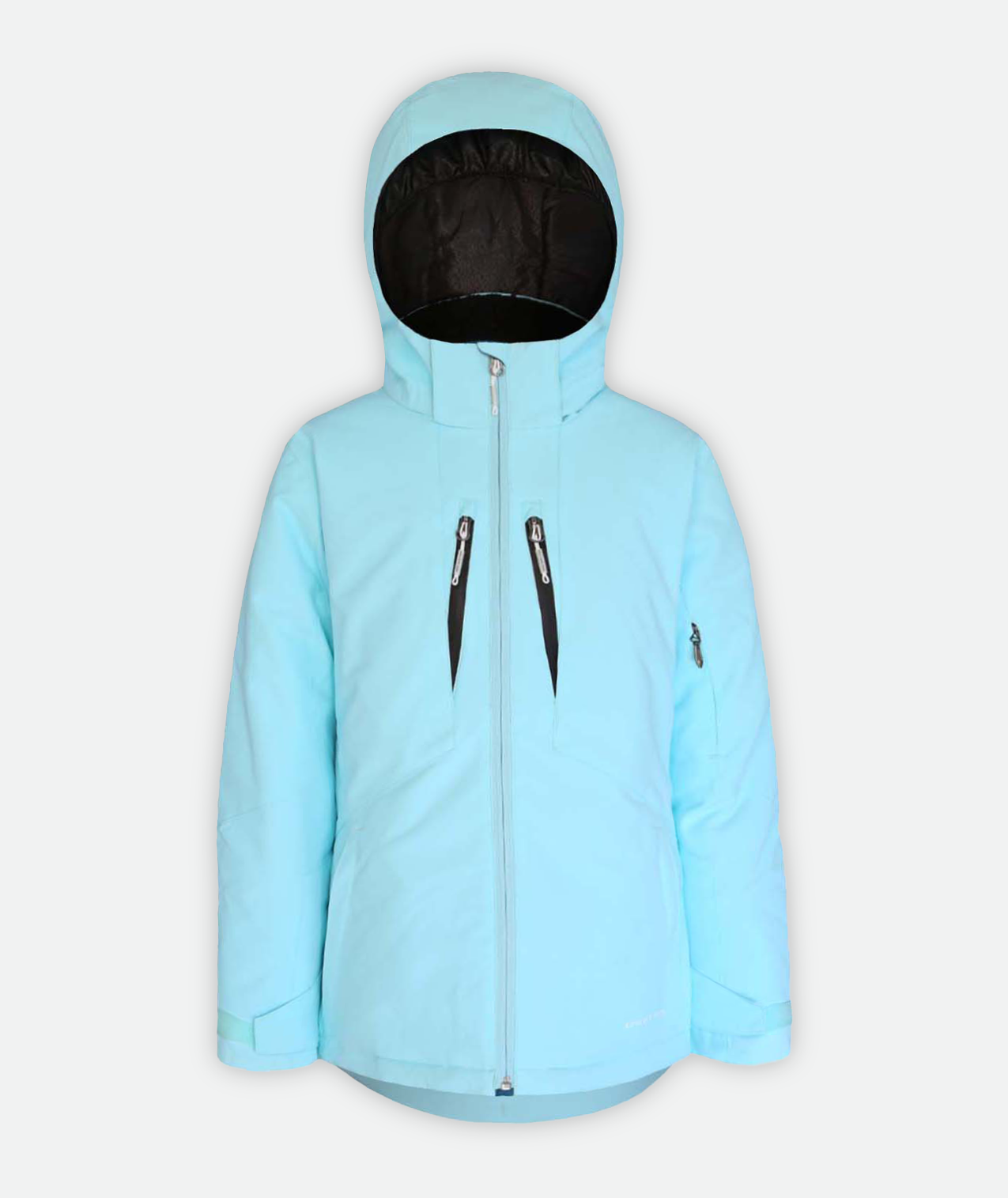 light blue jacket with black zippers and a hood on a white background