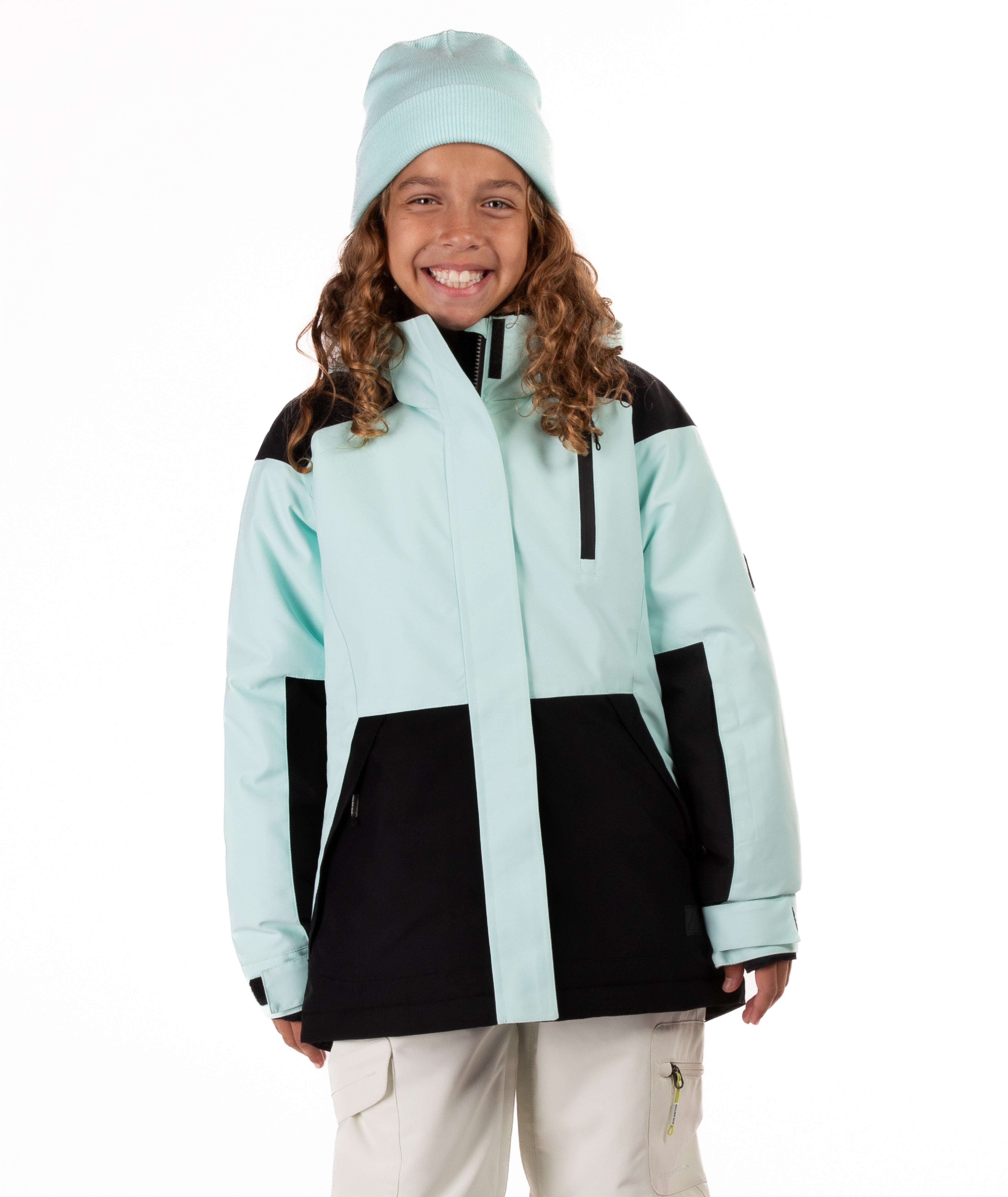 Youth Girl wearing a light blue and black jacket on a white background