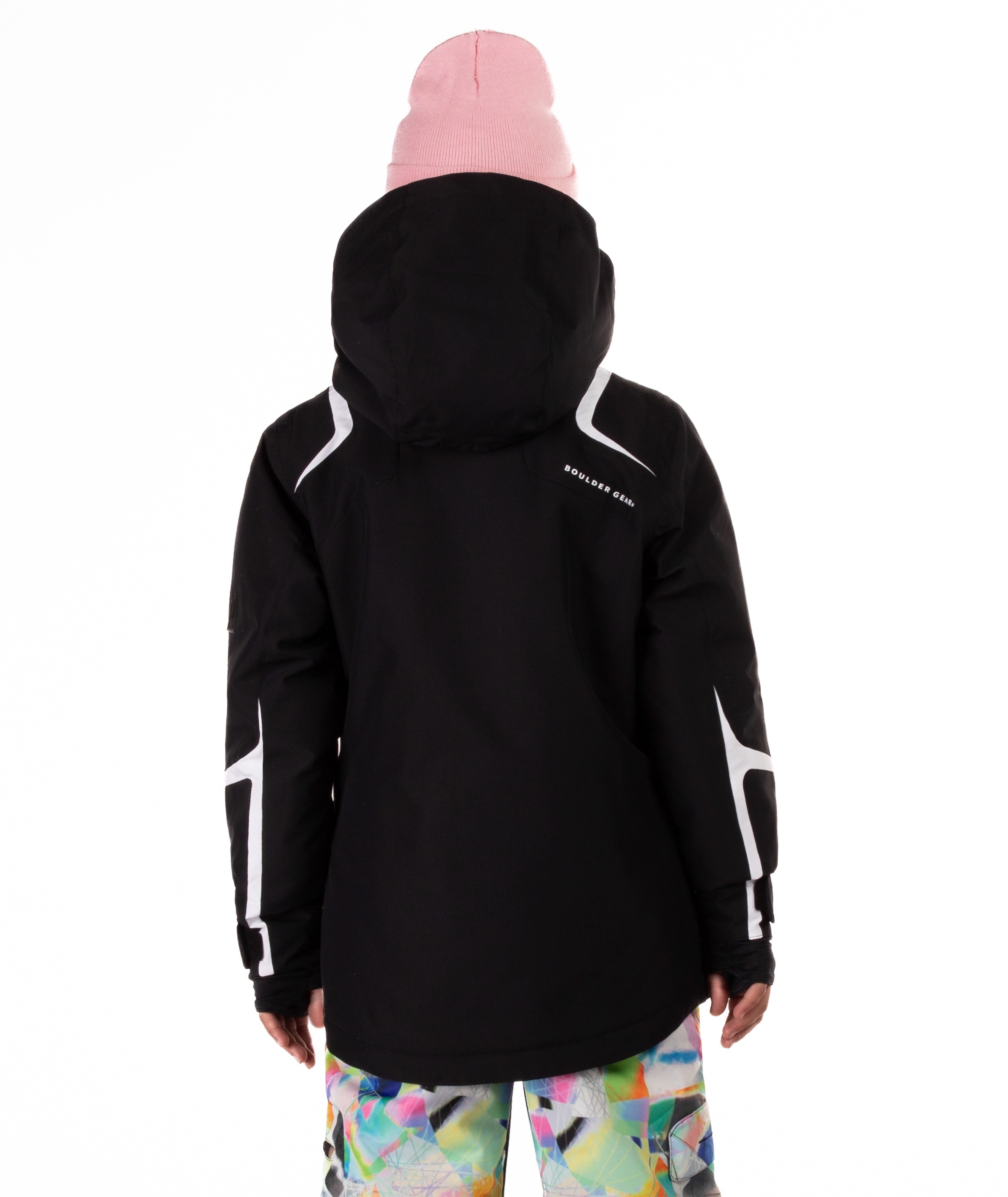 Youth girl wearing a black jacket with white accents on a white background