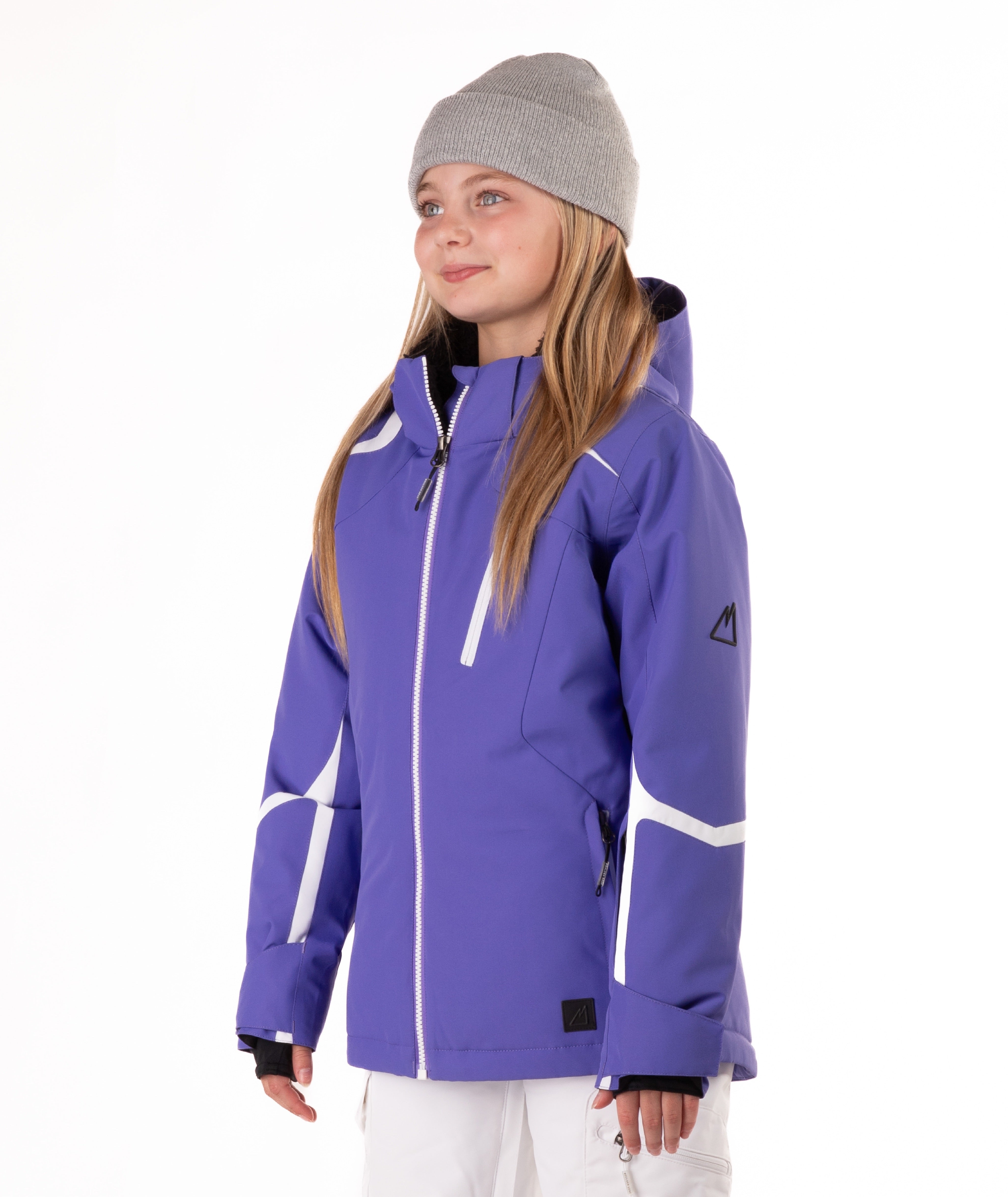 Youth girl wearing a purple jacket with white accents on a white background