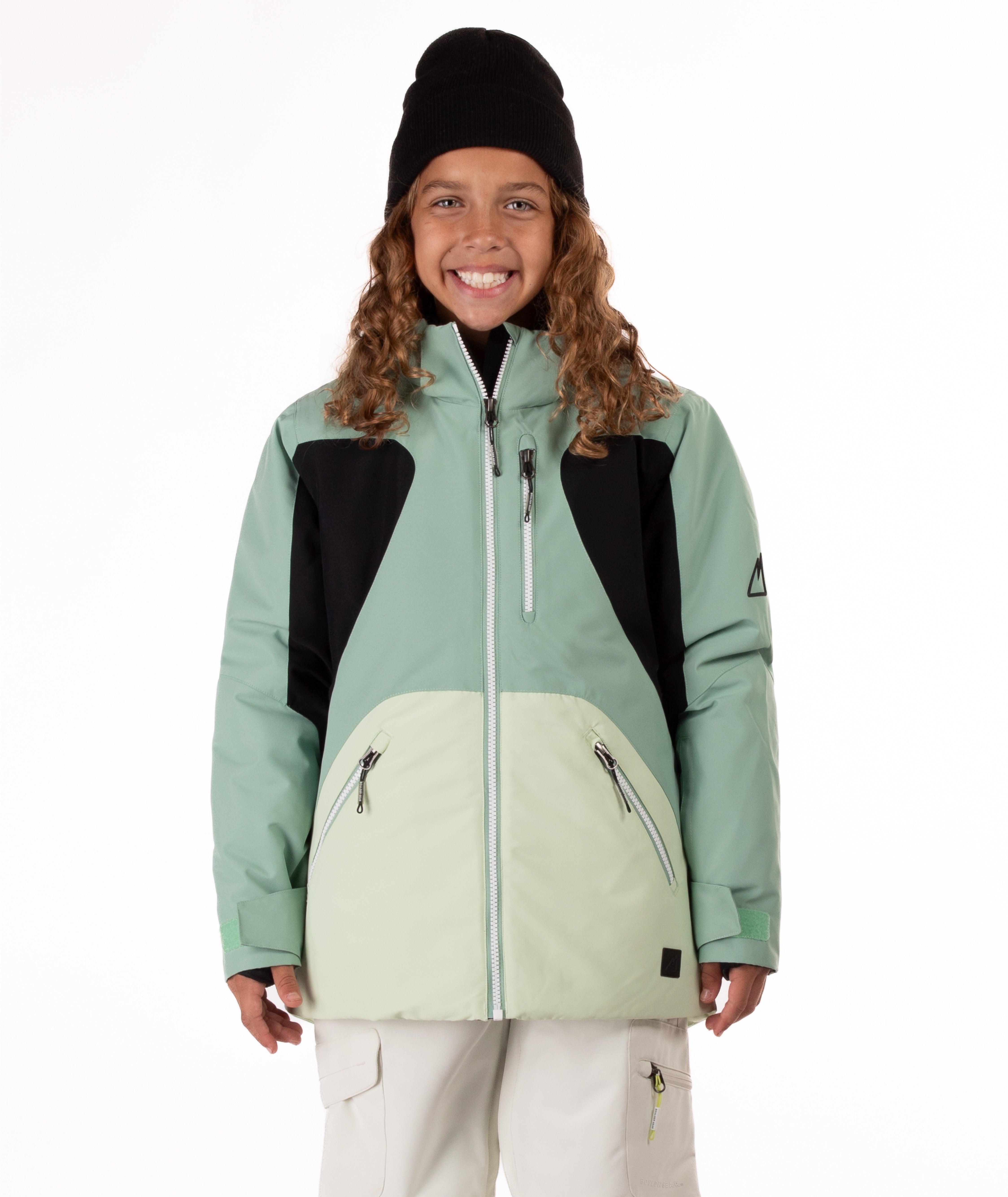 Youth Girl wearing a green and black jacket with a white background