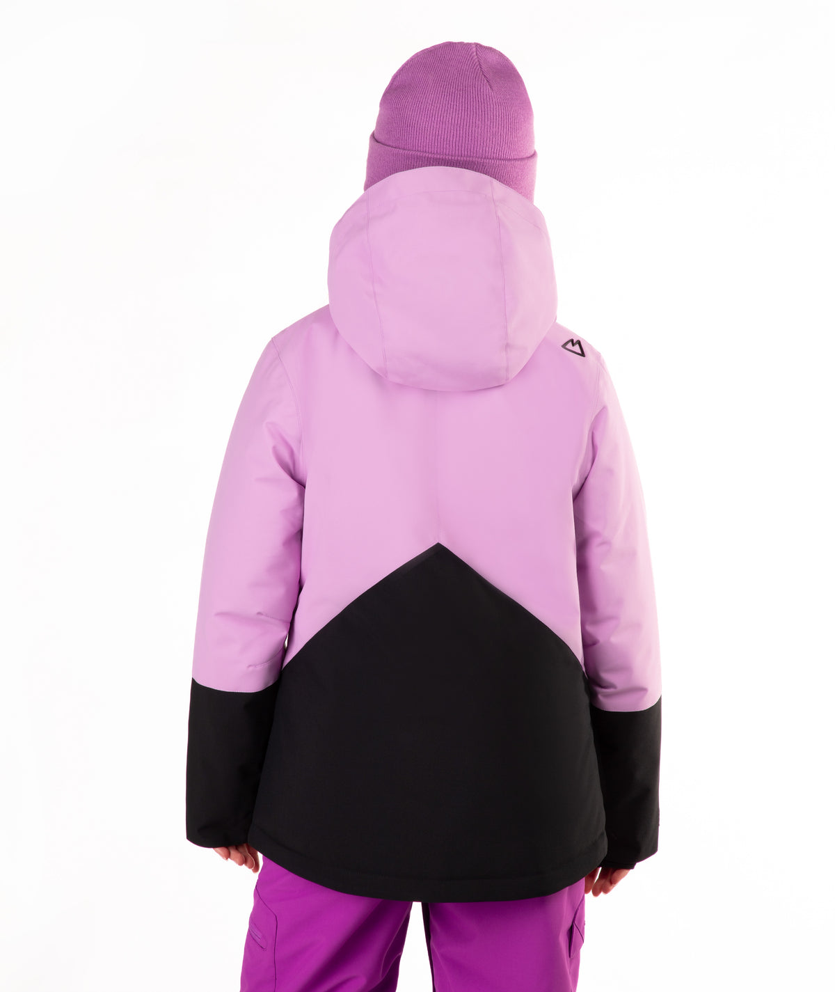 A child shown from the back wearing a color-blocked ski jacket in light purple and black, paired with matching purple pants and a purple beanie, against a plain white background.
