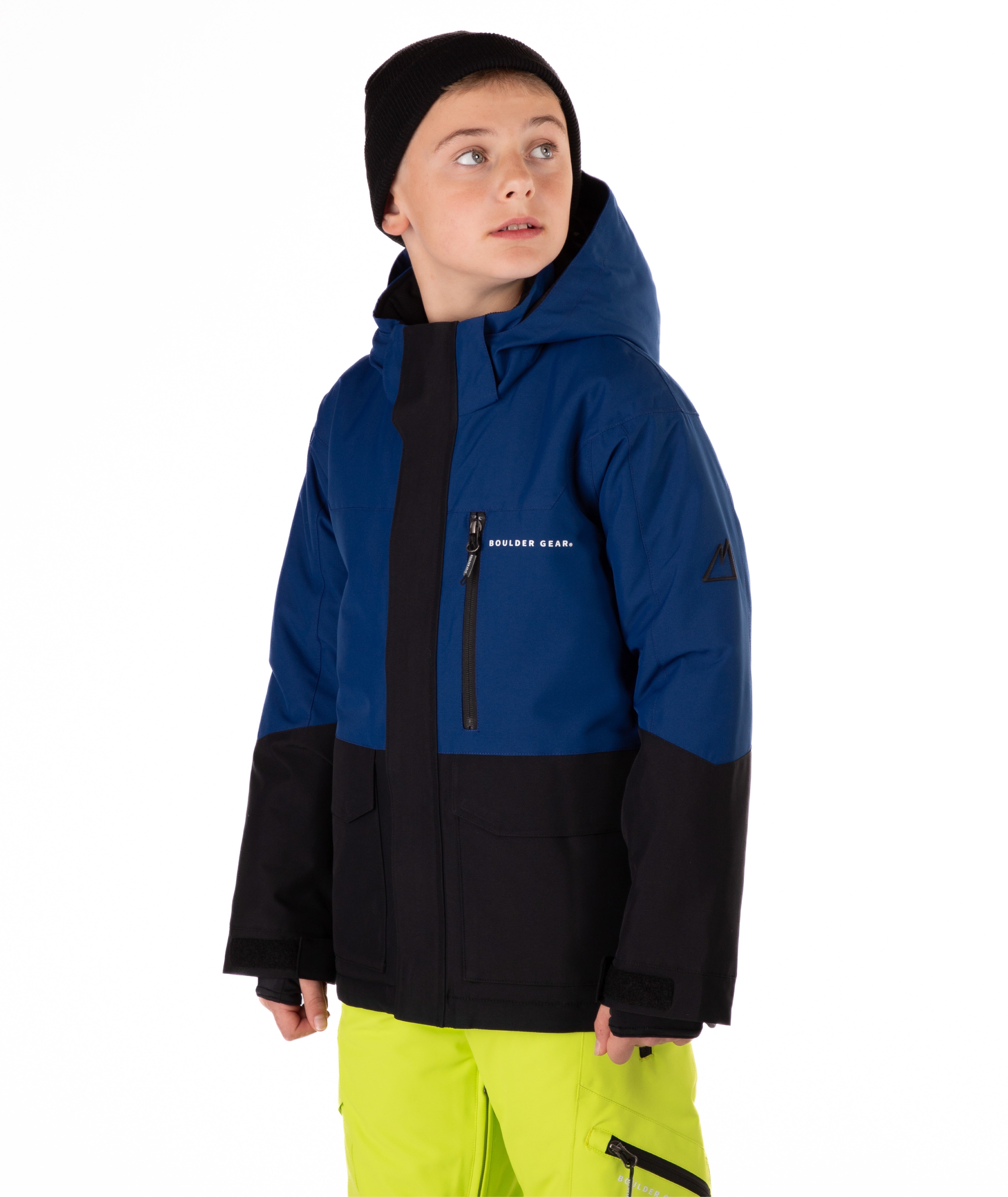 Youth Boy wearing a blue and black jacket with a hood on a white background