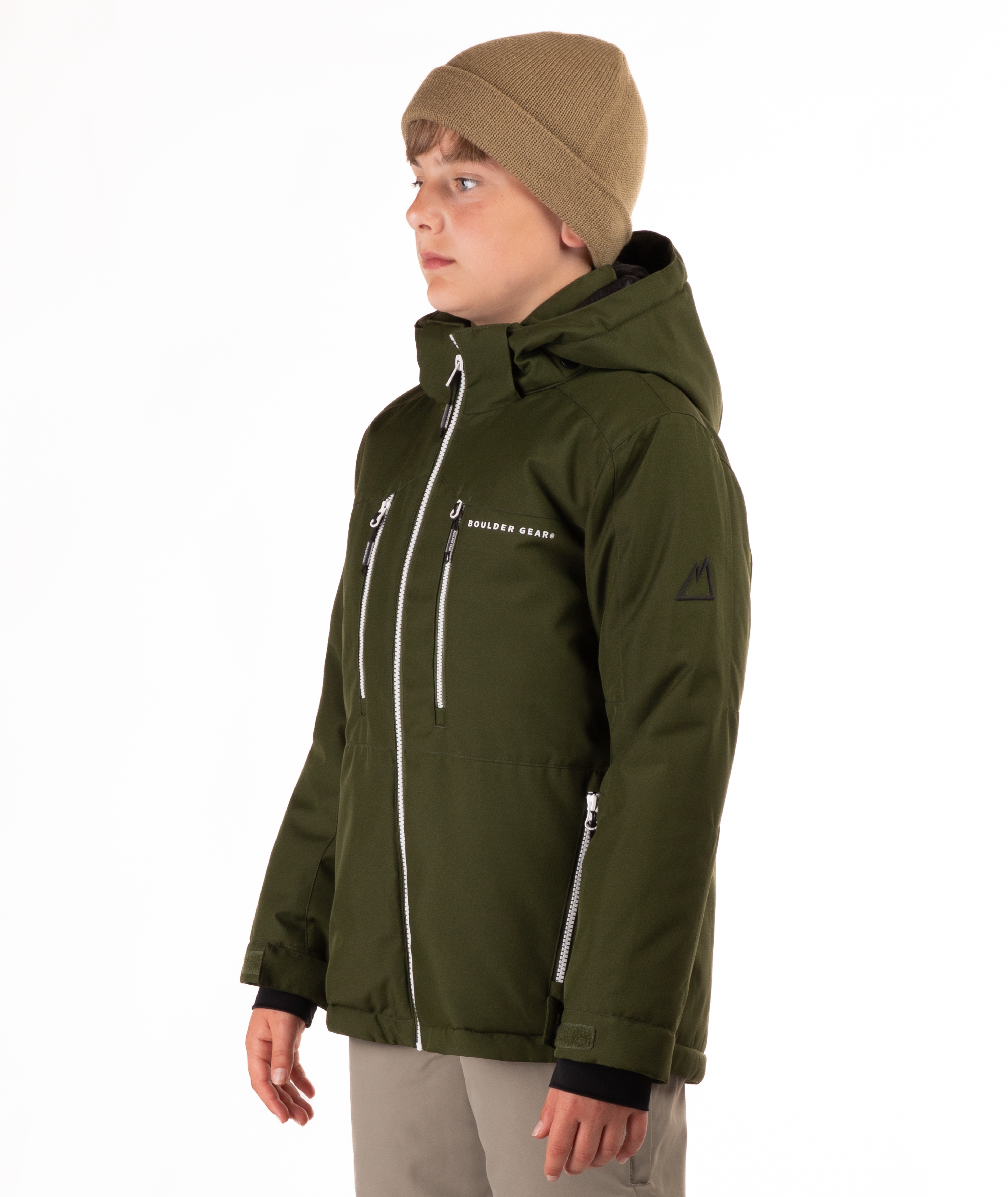 Youth boy wearing a olive green jacket with white zippers and a Boulder Gear brand logo on a white background