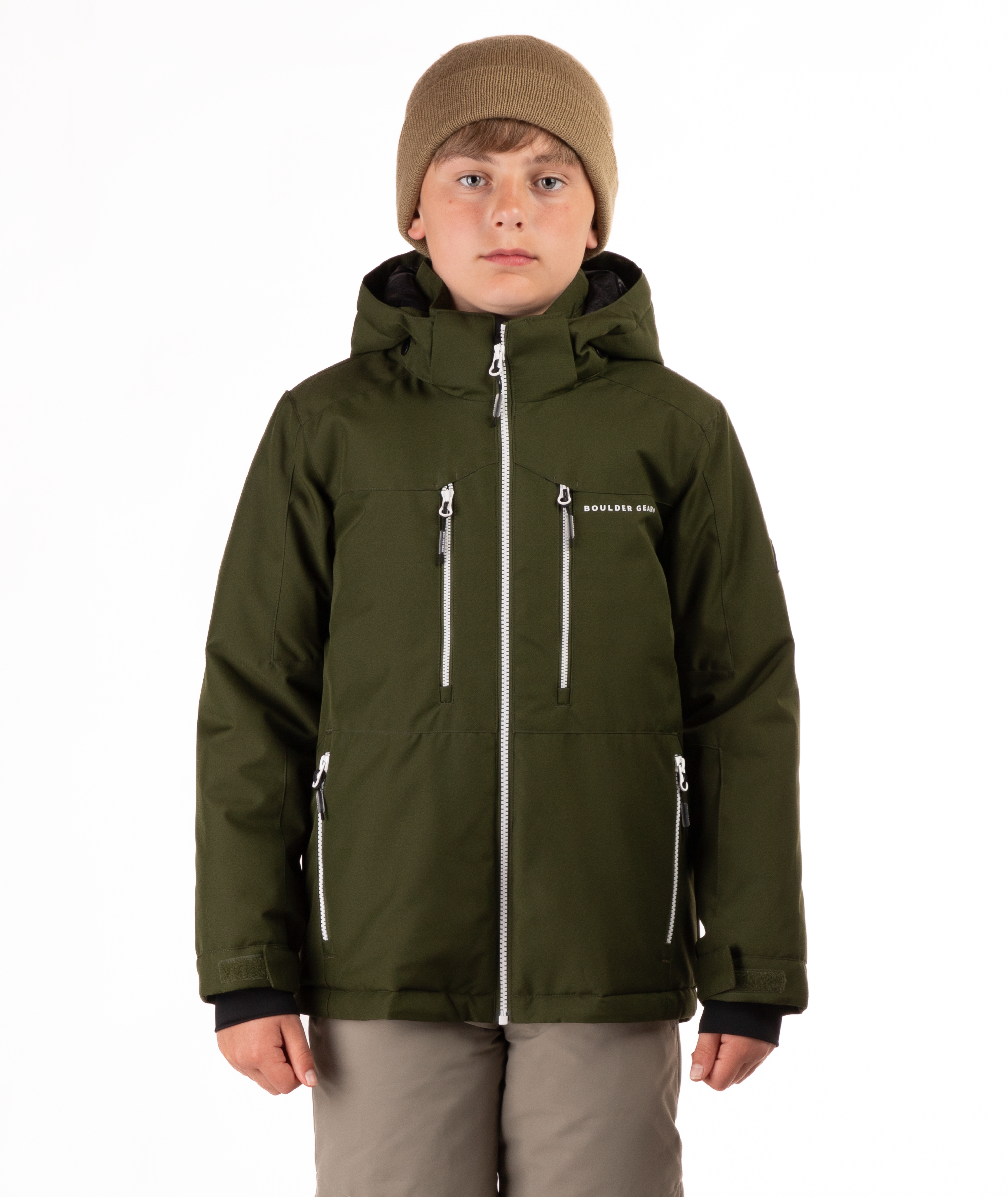 Youth boy wearing a olive green jacket with white zippers and a Boulder Gear brand logo on a white background