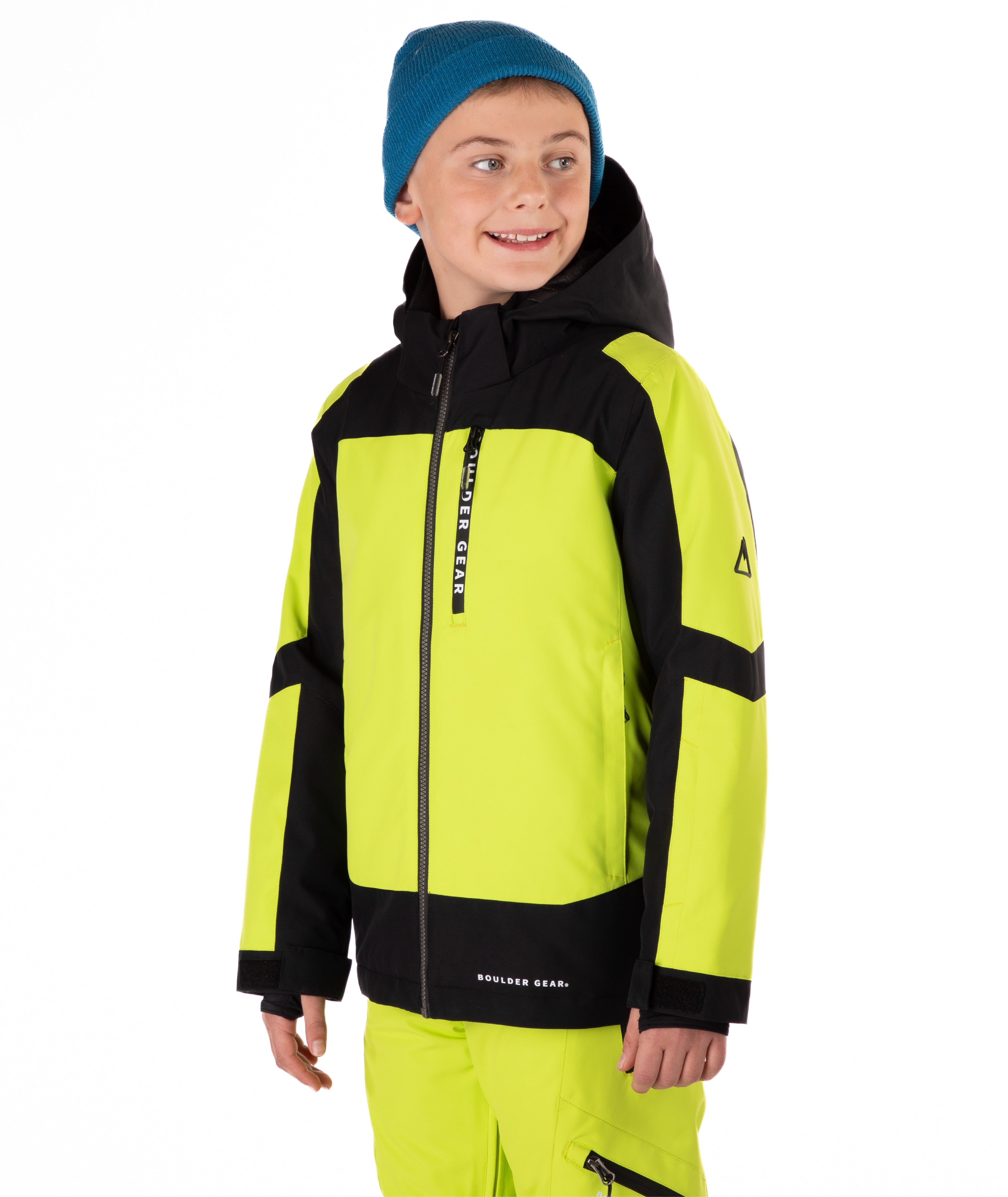 Child wearing a bright yellow and black jacket on a white background