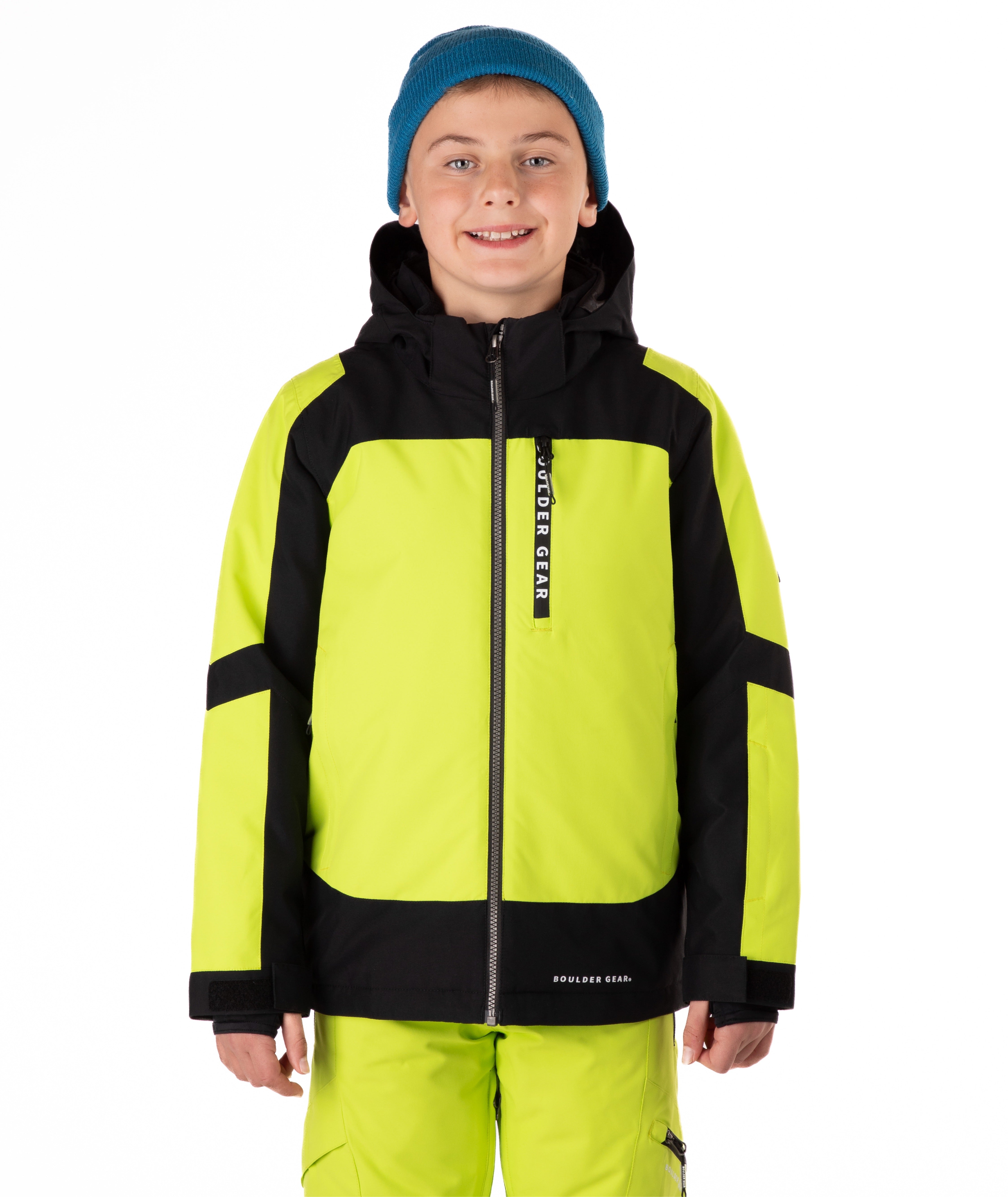 Child wearing a bright yellow and black jacket on a white background