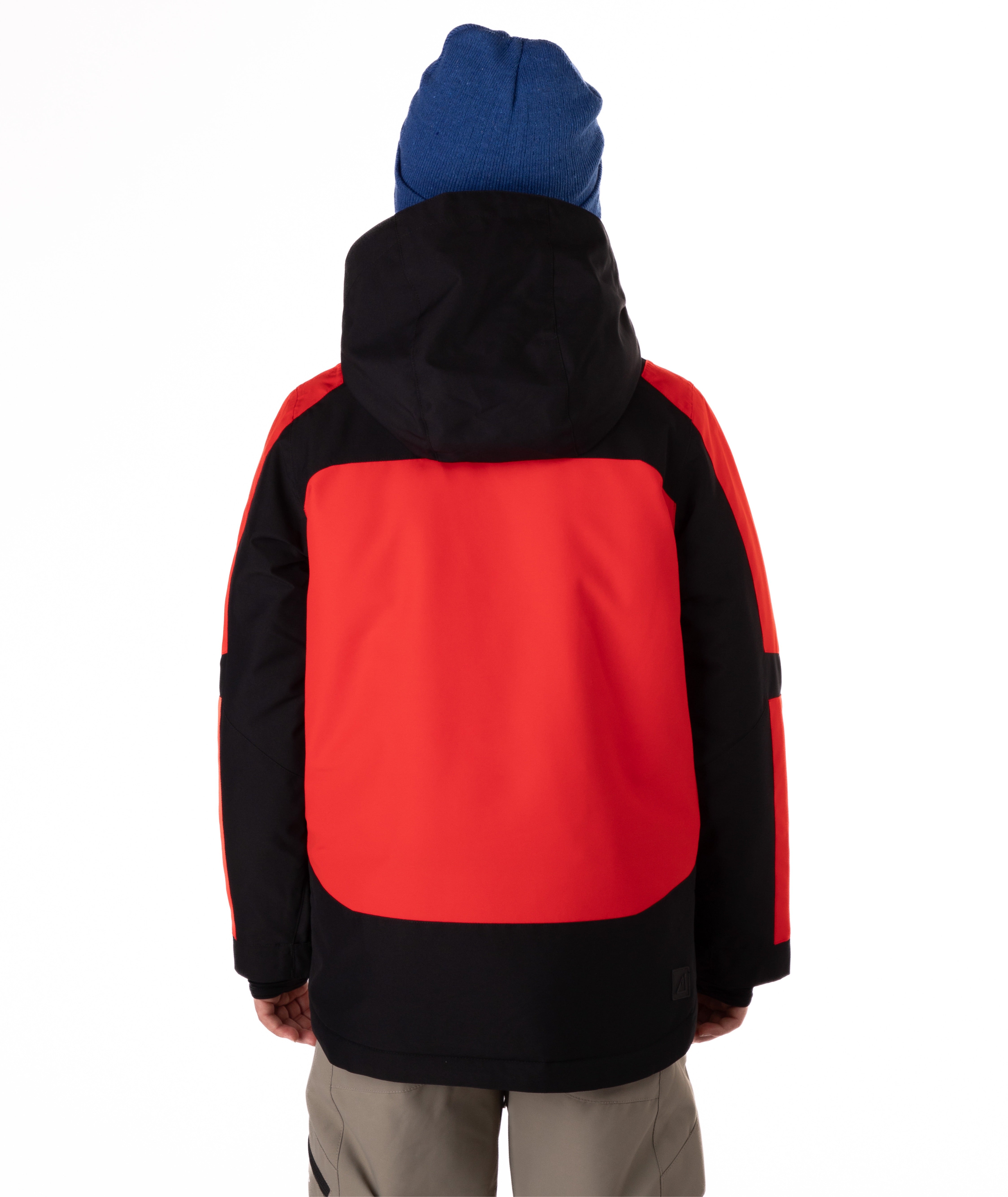 Back view of a child wearing a black and red jacket on a white background