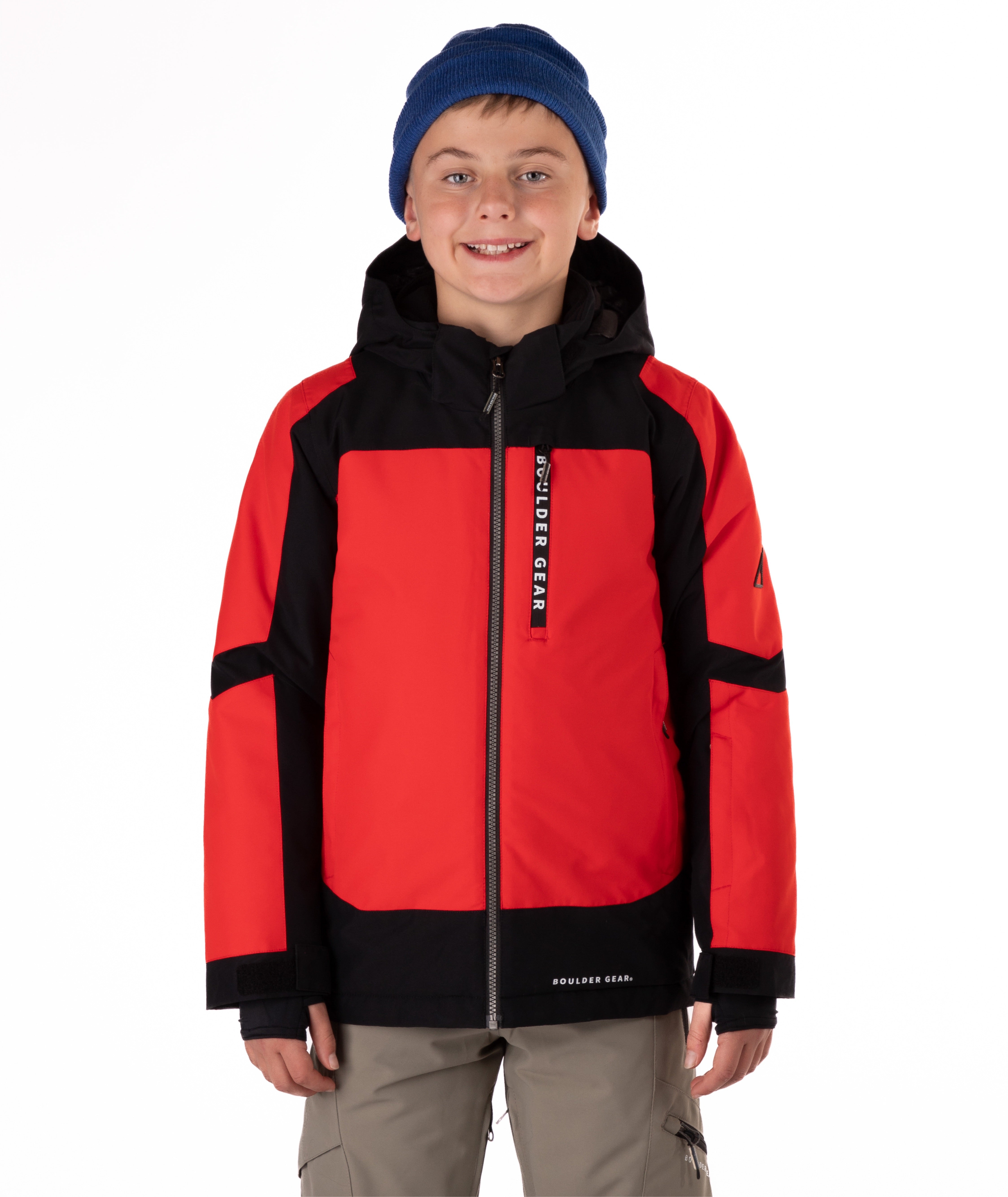 Child wearing a red and black jacket with a hood on a white background