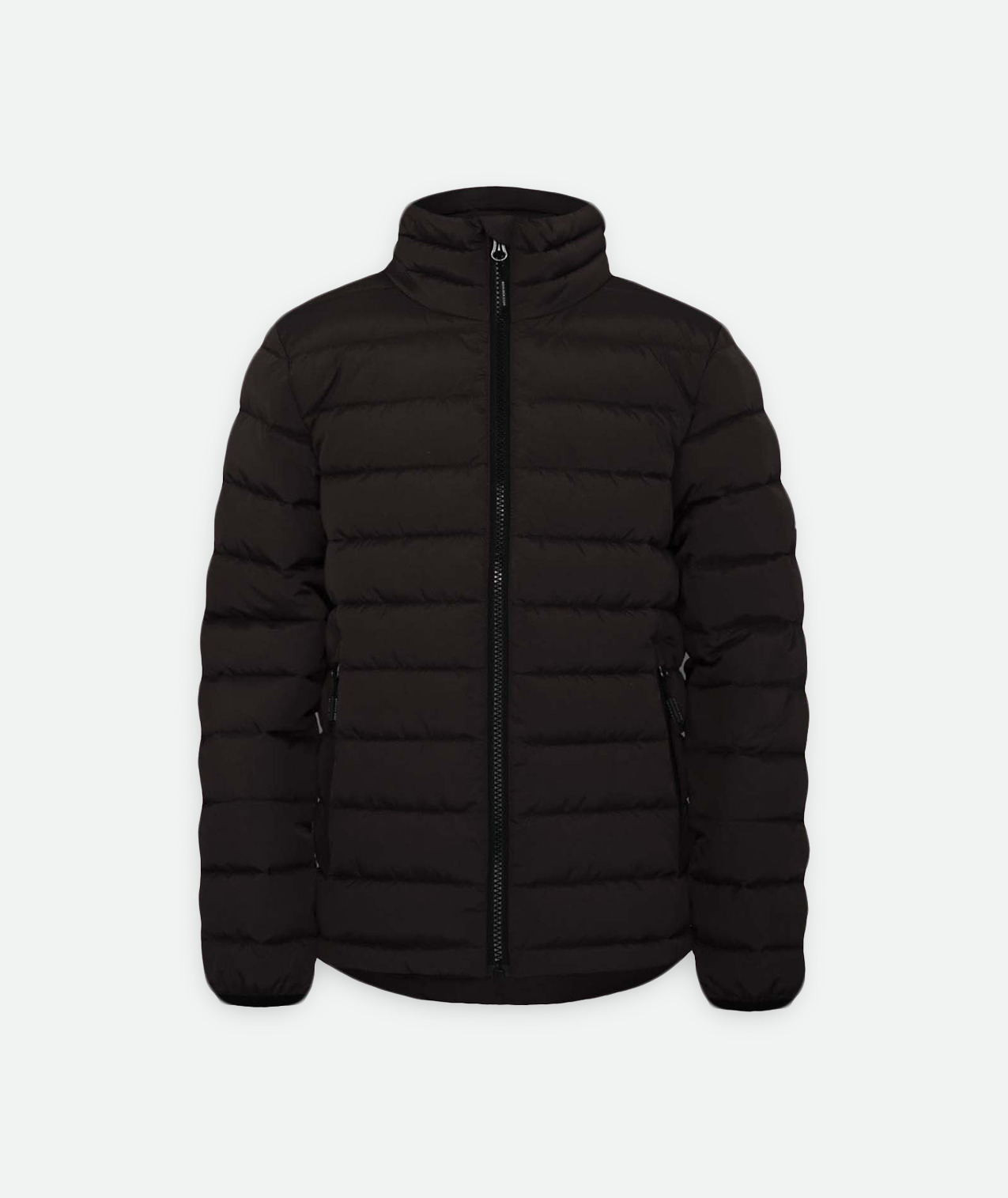 black puffer jacket with black accents on a white background