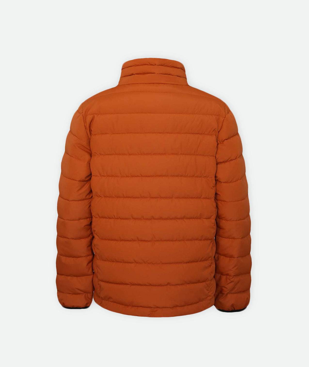 back of a youth orange puffy jacket with a zipper and hand pockets on a white background