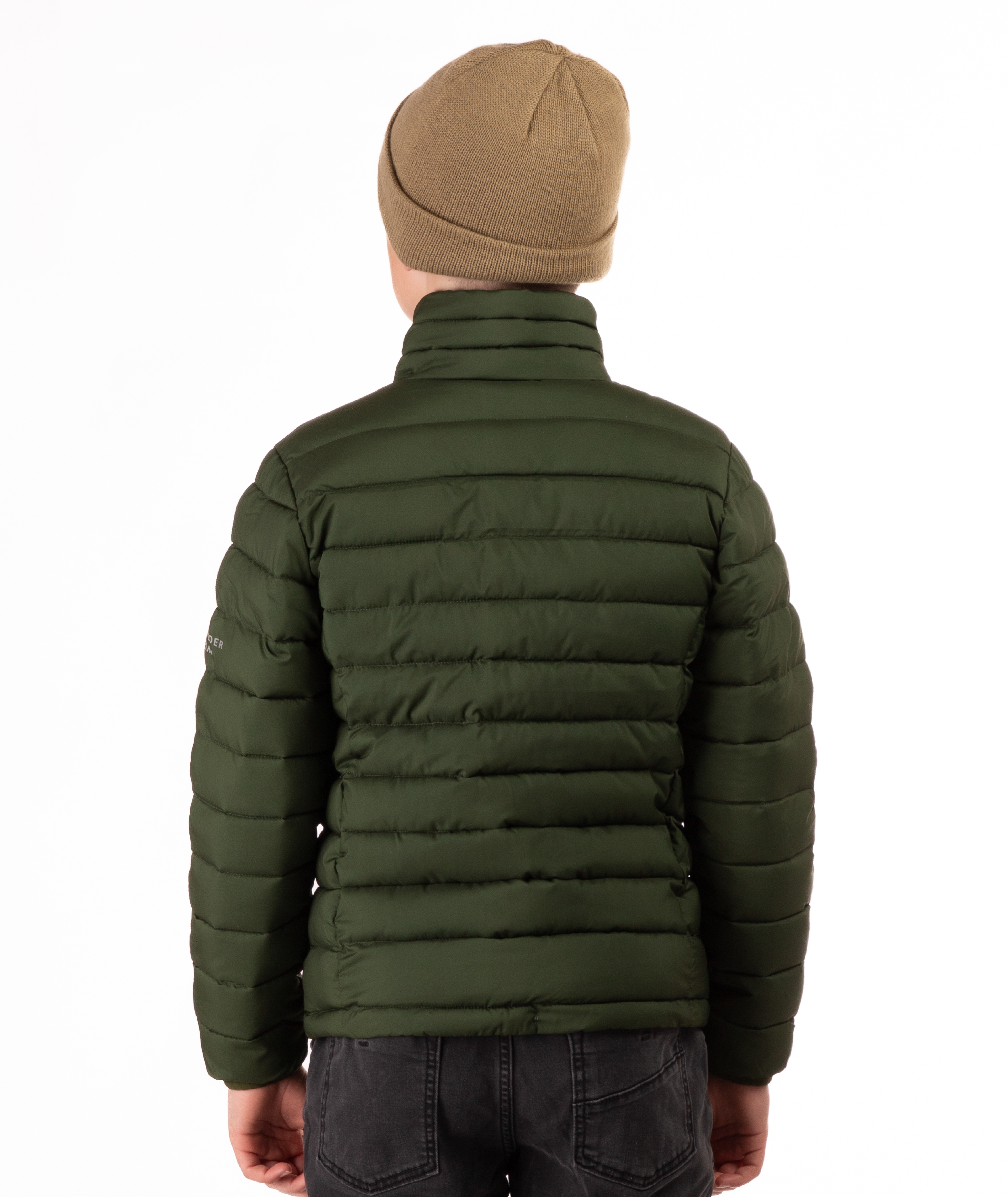back of youth boy wearing a green puffer jacket on a white background