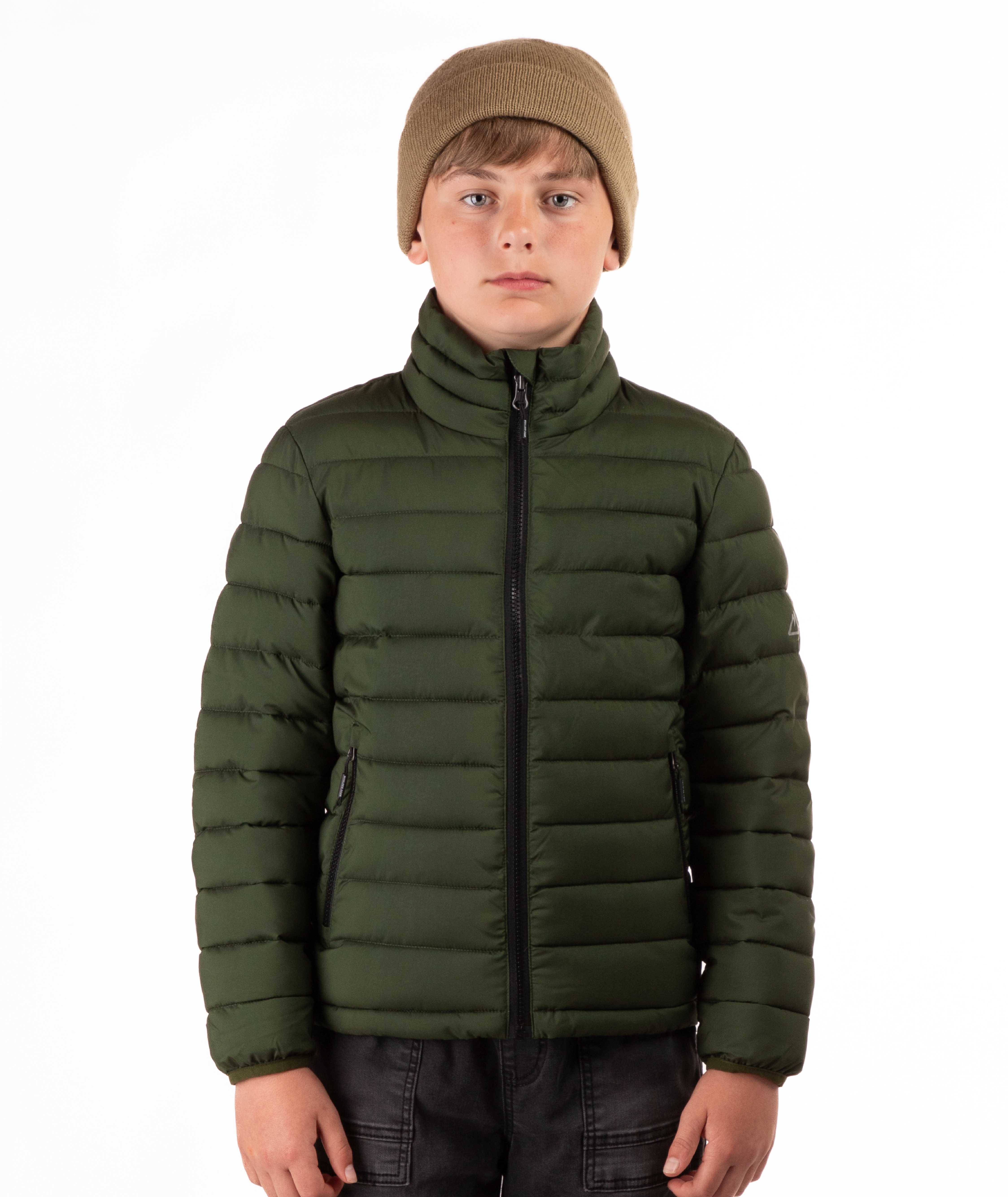 youth boy wearing a green puffer jacket on a white background