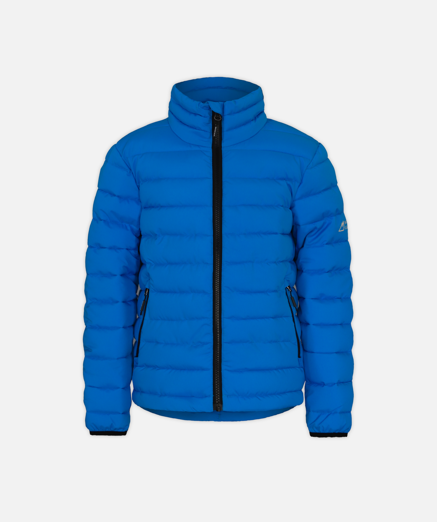 blue puffer jacket with black accents on a white background