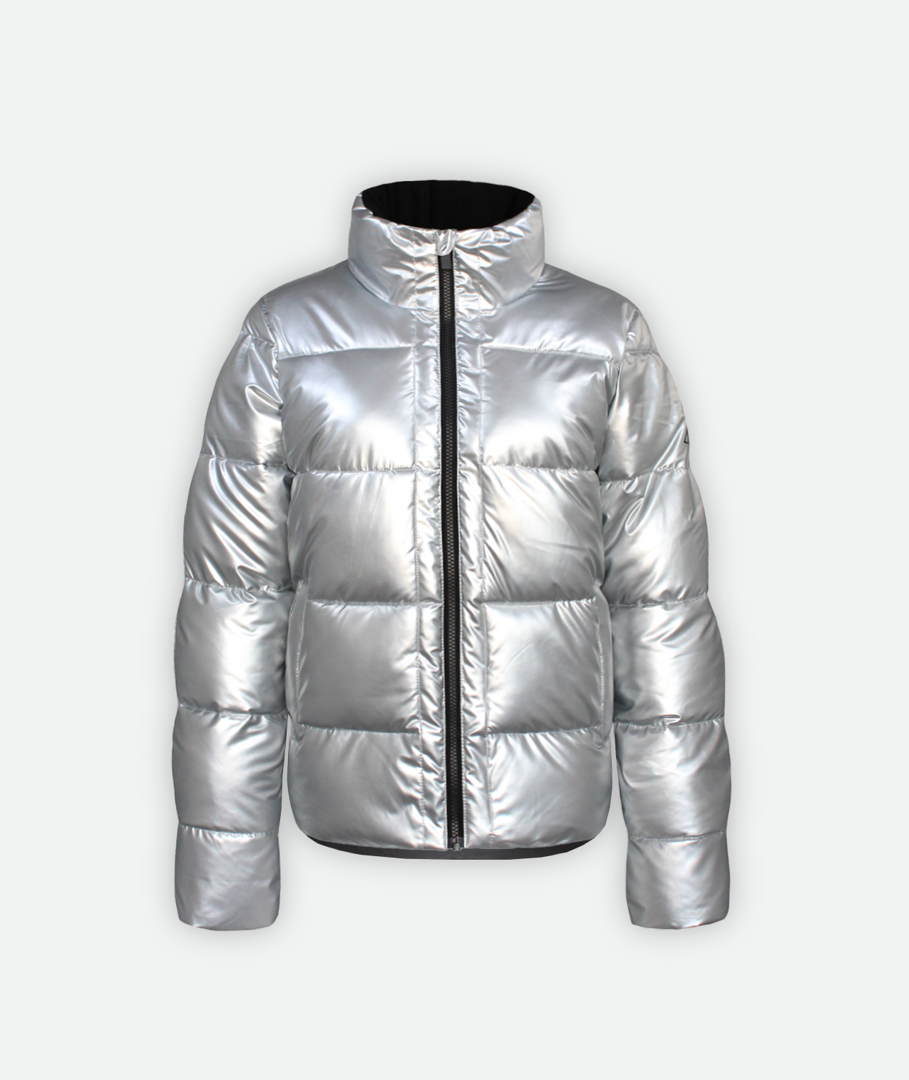 A silver-colored, insulated jacket with a front zipper and fleece lining, displayed on a white background.