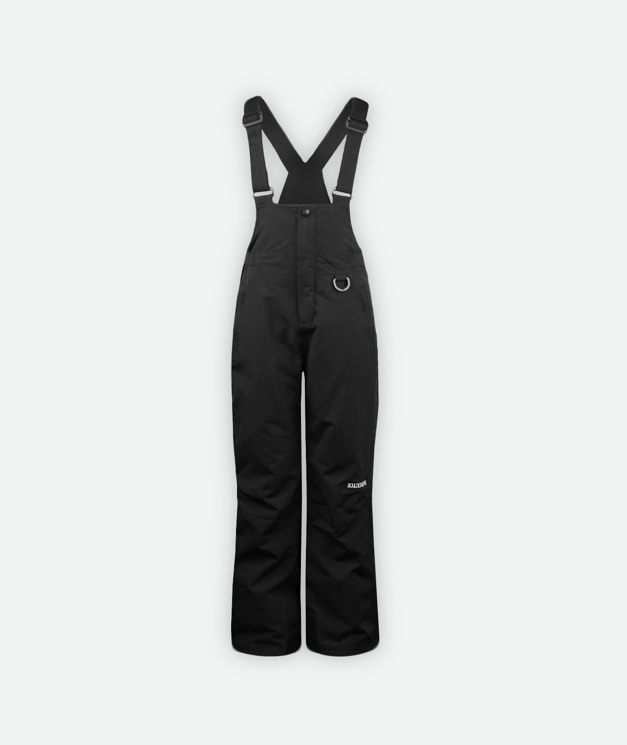 A pair of black youth bib snow pants with adjustable shoulder straps and hand pockets on a white background