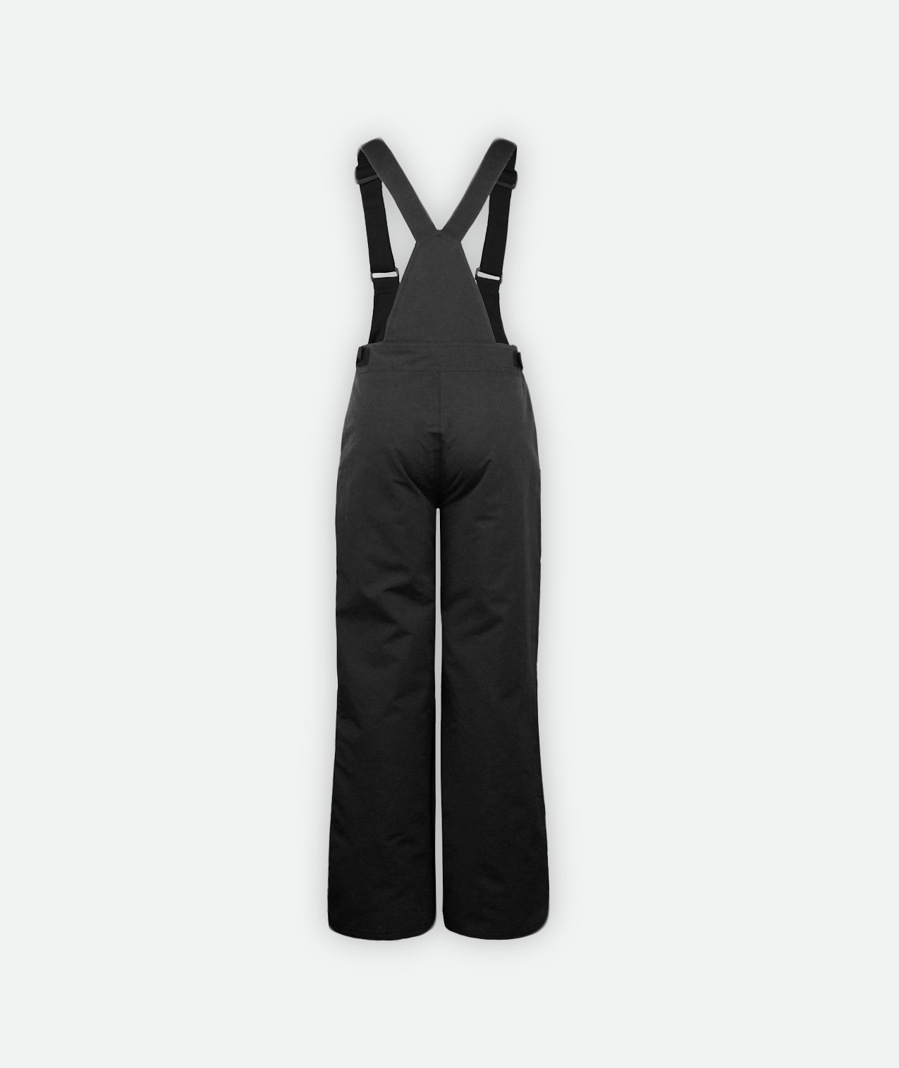 back of a pair of black youth bib snow pants with adjustable shoulder straps and hand pockets on a white background