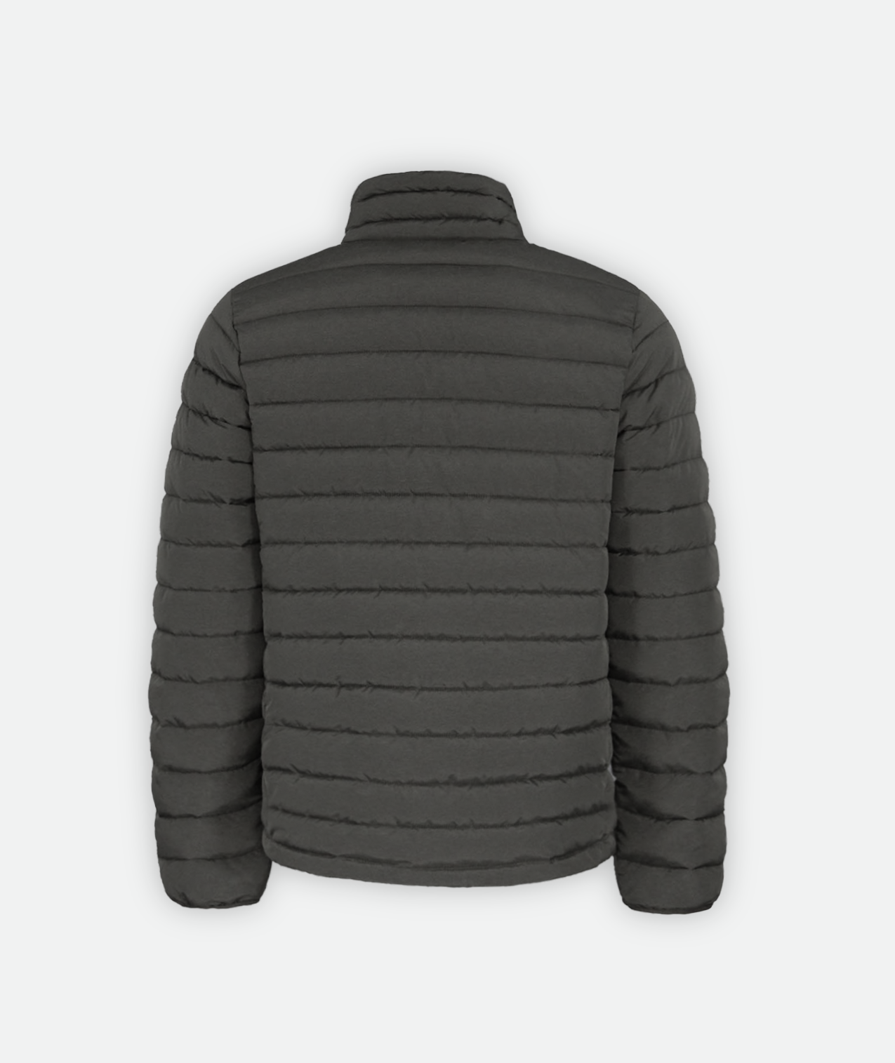 back of gray Puffy Jacket with a black zipper on a white background