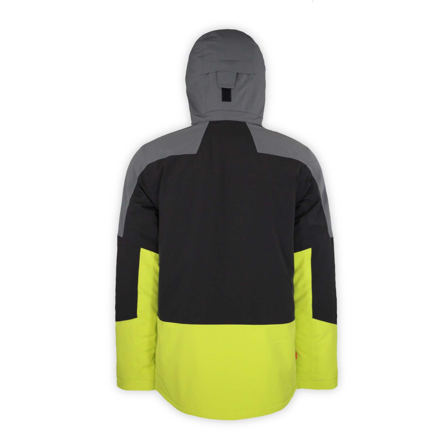 back of a lime gray and black jacket with hood on a white background