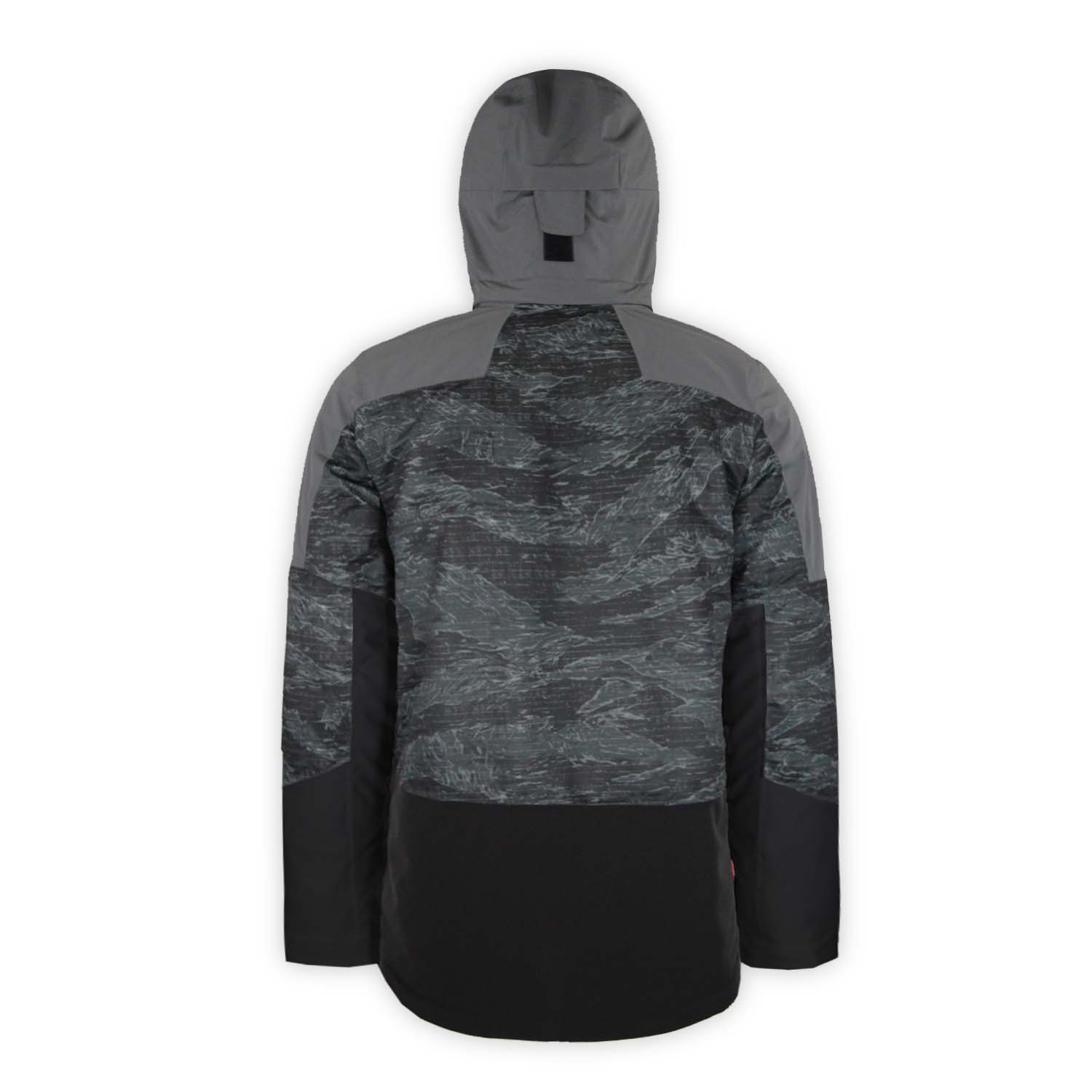 back of a abstract patterned and gray and black jacket with hood on a white background