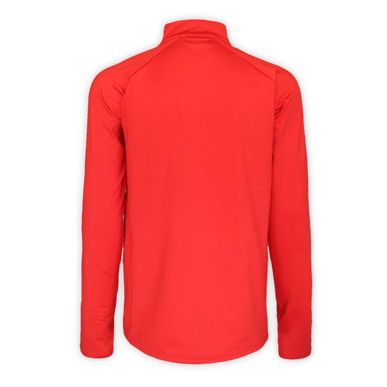 back of red quarter zip long sleeve top on white background