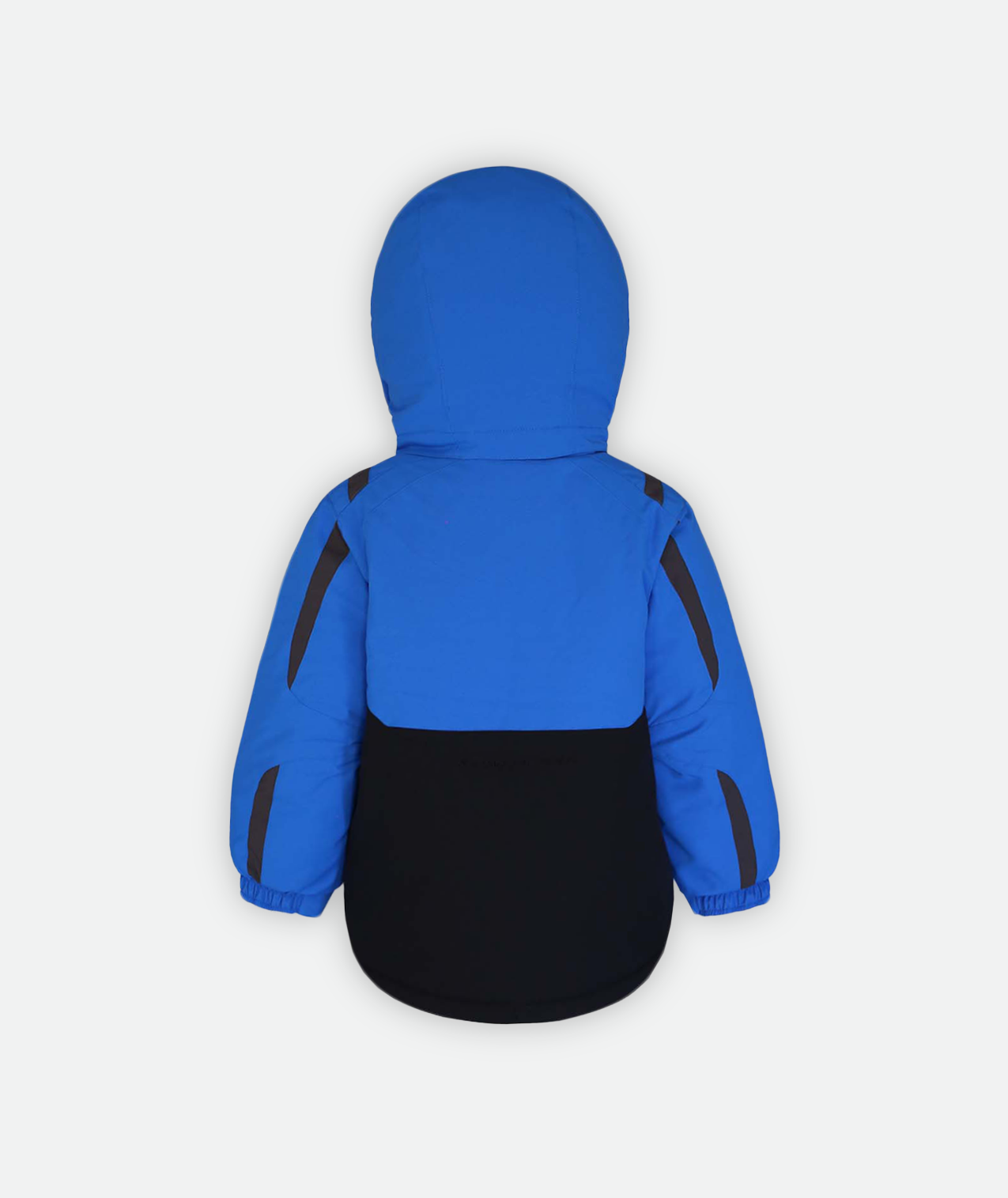 back of a blue and black kids jacket with hood on a white background