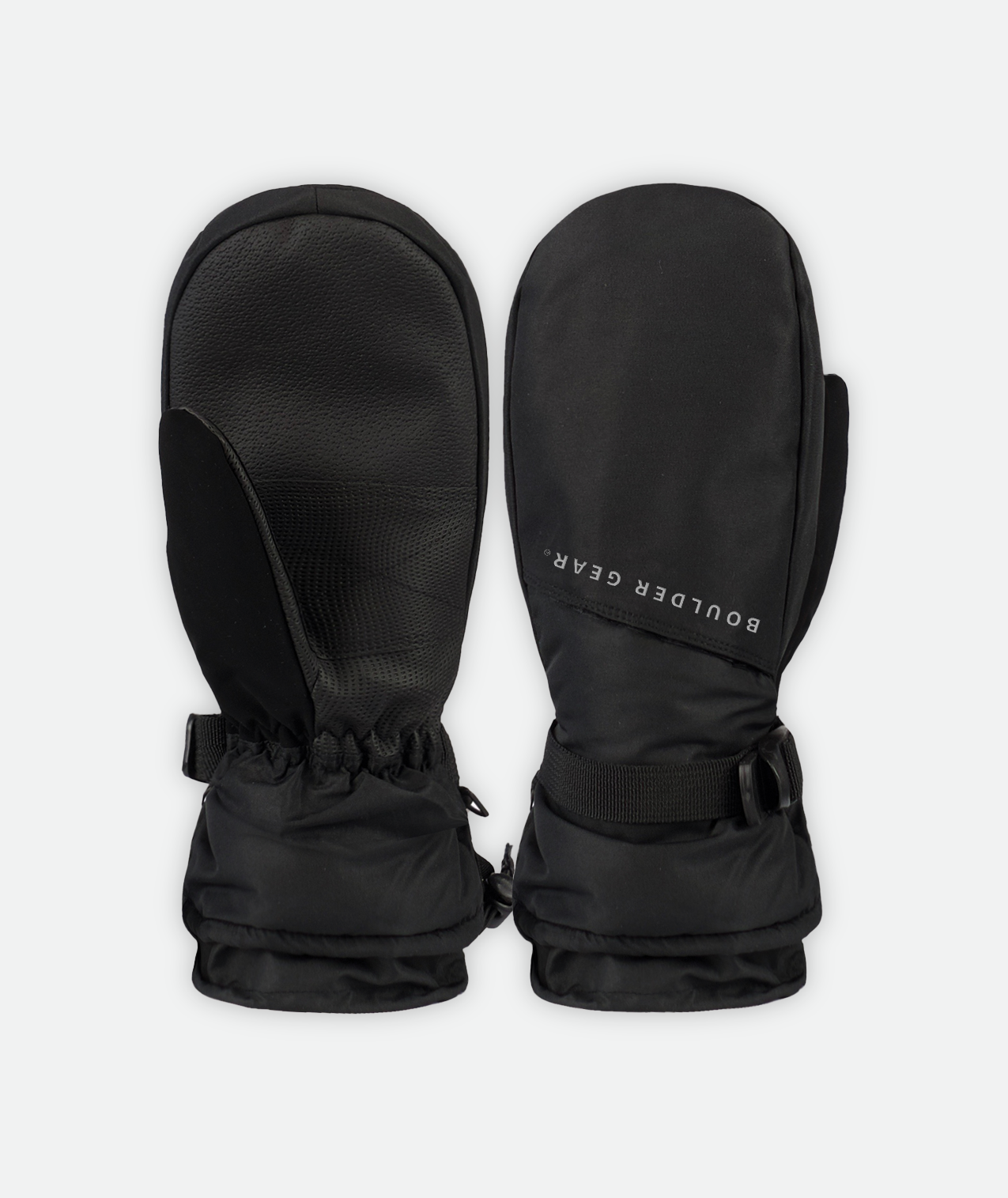 A pair of black youth mittens with wrist straps and reinforced palms on a white background