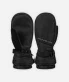 A pair of black youth mittens with wrist straps and reinforced palms on a white background