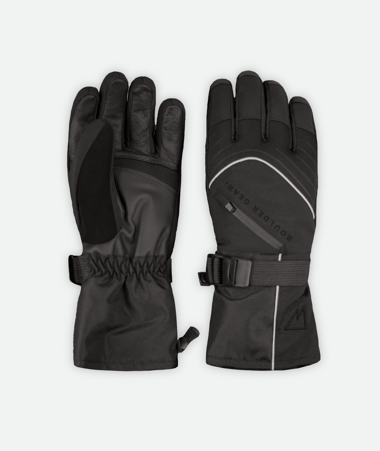 black gloves with white piping detail on a white background.