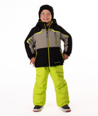Child wearing an black and grey insulated winter jacket with bright lime trim and a lime center front zipper 