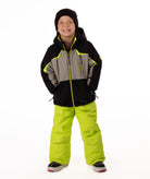 Child wearing an black and grey insulated winter jacket with bright lime trim and a lime center front zipper 