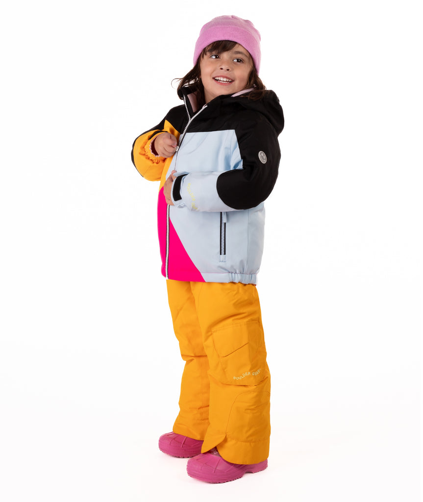 Child wearing a colorful jacket geometric designed winter jacket with light blue, bright pink, orange, and black on a white background. 