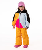 Child wearing a colorful jacket geometric designed winter jacket with light blue, bright pink, orange, and black on a white background. 