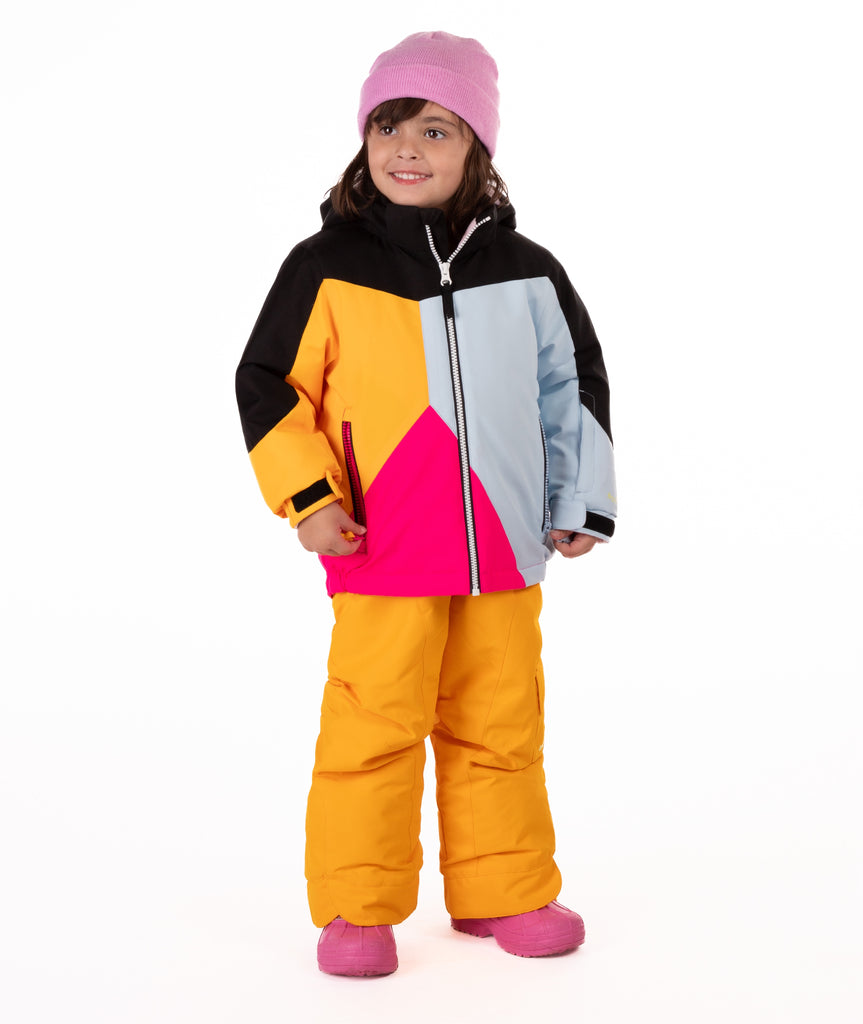 Child wearing a colorful jacket geometric designed winter jacket with light blue, bright pink, orange, and black on a white background. 