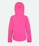 back of a pink jacket with hood on a white background