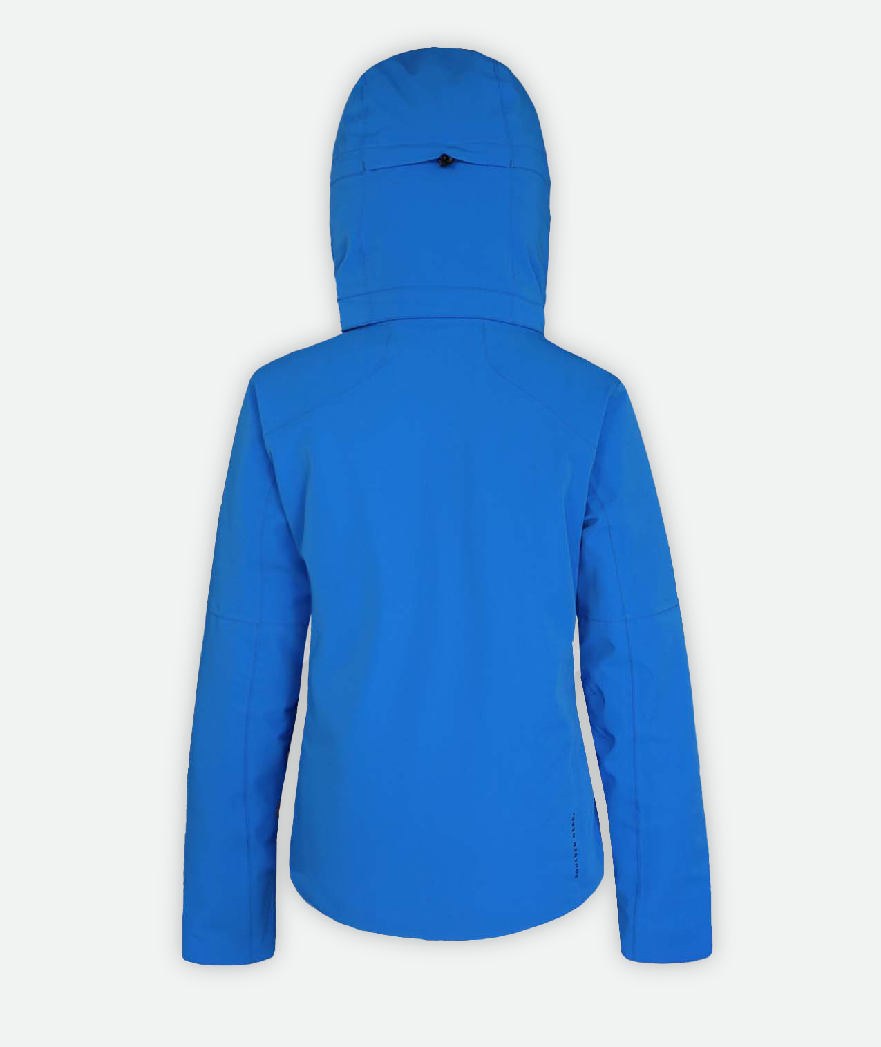 back of a blue jacket and hood on a white background