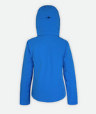 back of a blue jacket and hood on a white background
