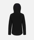 back of a black women's softshell jacket with a hood on a white background