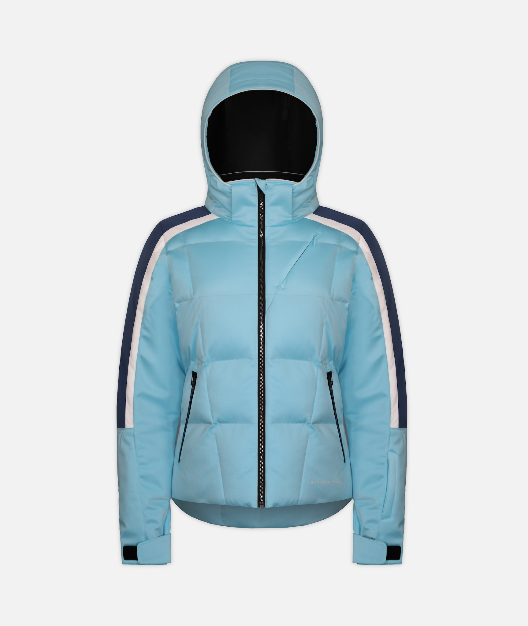 A light blue quilted women's jacket with white and navy accents and hood on a white background