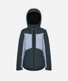 A women's jacket in two-tone gray blue and light purple with hood on a white background