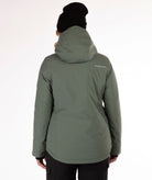 back of woman wearing a green winter jacket on a white background